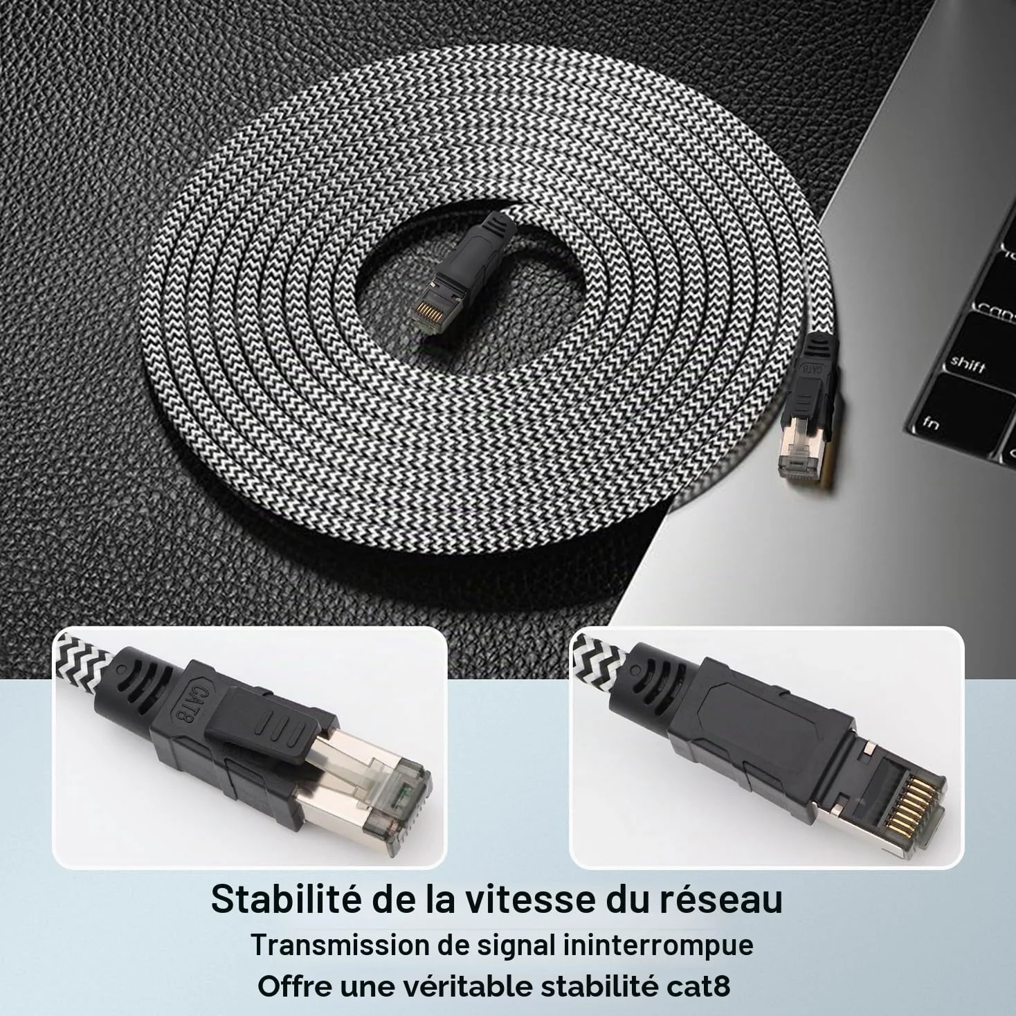 Cat 8 Câble Ethernet,30M Nylon 40Gbps 2000MHz Câble Ethernet Haute Vitesse, Cordon de Brassage S/FTP Avec Connecteur Rj45 Nickelé Pour Ps5 / Ordinateur Portable/Routeur/Jeux/Modem