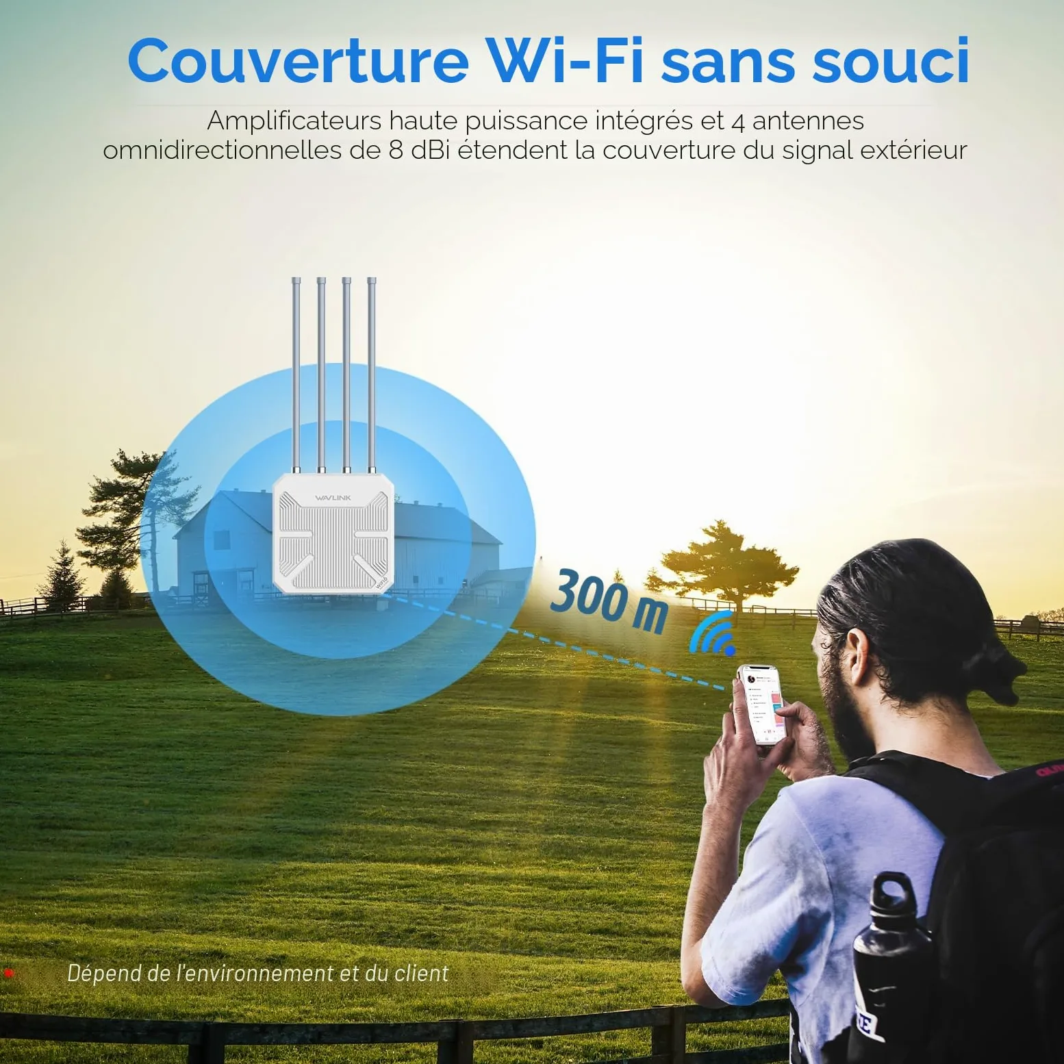 WAVLINK WiFi6 Outdoor Access Point, Long Range Outdoor WiFi, Dual Band 2.4G+5G AX3000 Mesh Extender avec antennes PoE/4x8dBi High-Gain/IP67 Protection contre les intempéries