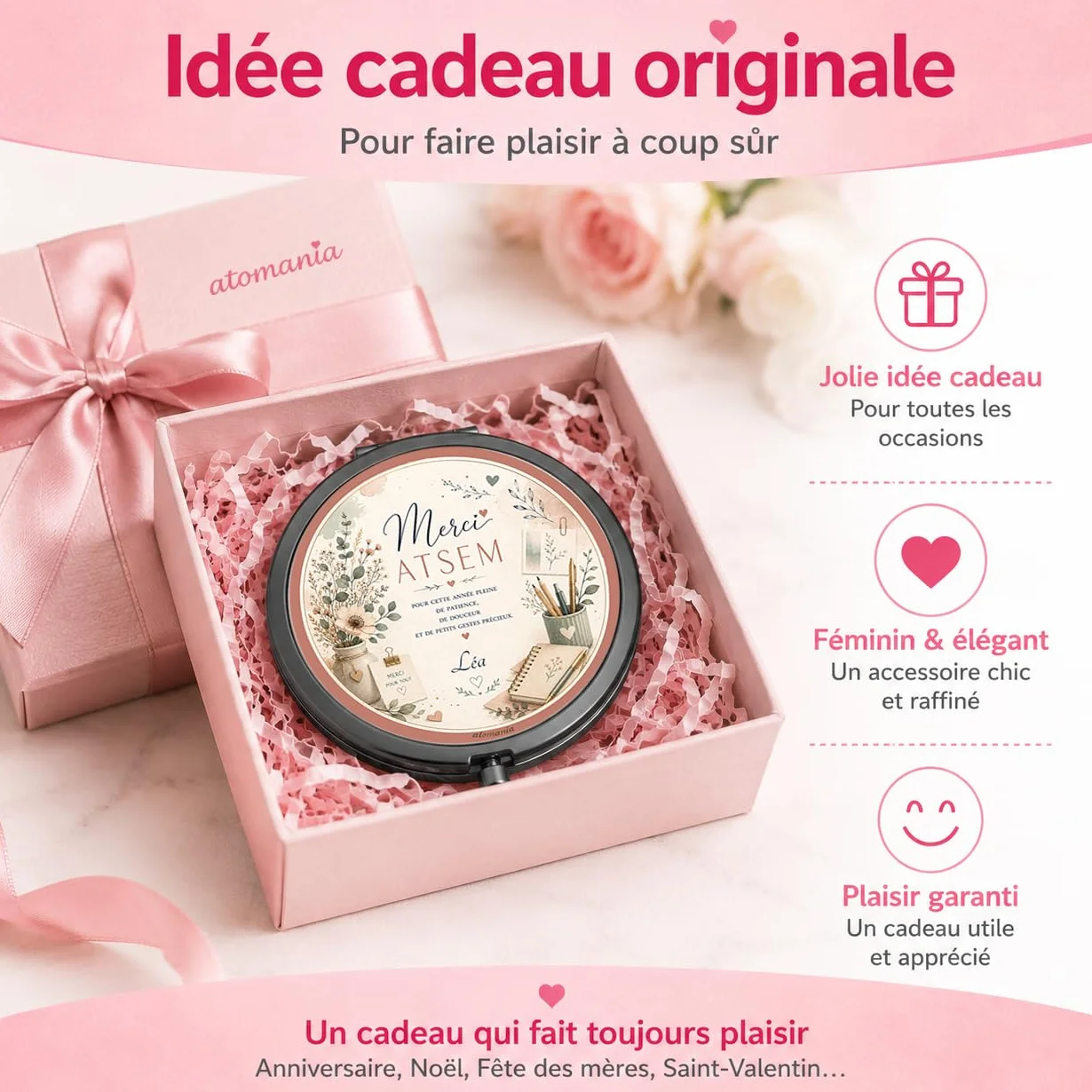 Miroir de Poche Personnalisé ATSEM Cadeau Fin d'Année Scolaire avec Prénom