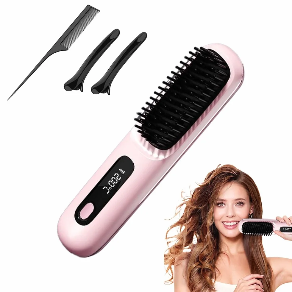 Brosse à Cheveux électrique sans fil Rechargeable Chauffante avec affichage LED 3 Niveaux de Température Lisser Boucler Rose
