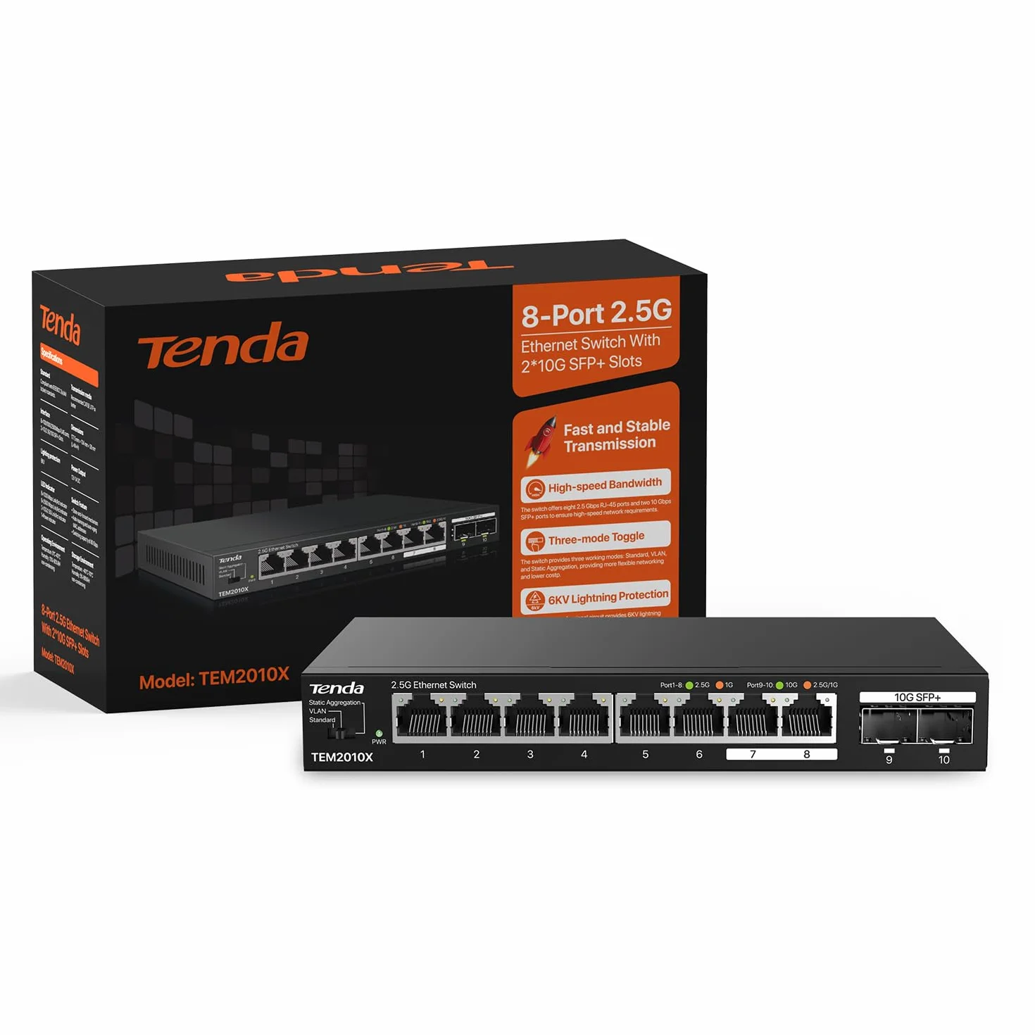 Tenda Switch Ethernet 2.5 Gigabit 8 Ports RJ45 2.5G 2 Ports SFP+ 10G Métal TEM2010X