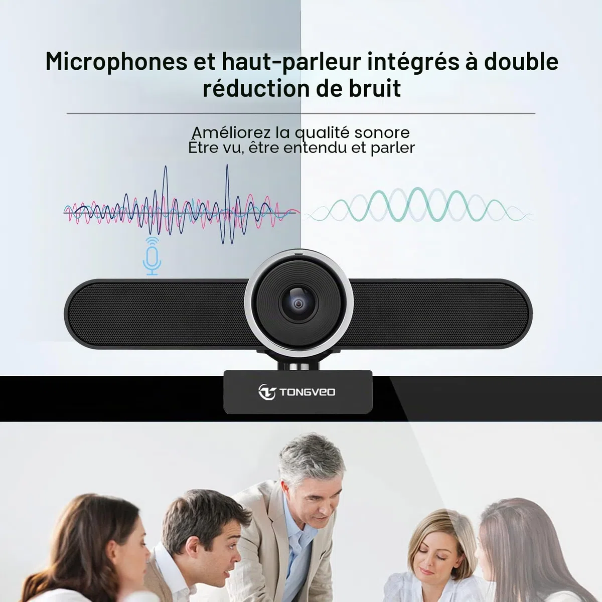 TONGVEO Webcam 4K pour conférence - Caméra avec mic et haut-parleur - Grande angle AI Auto Framing - Zoom compatible