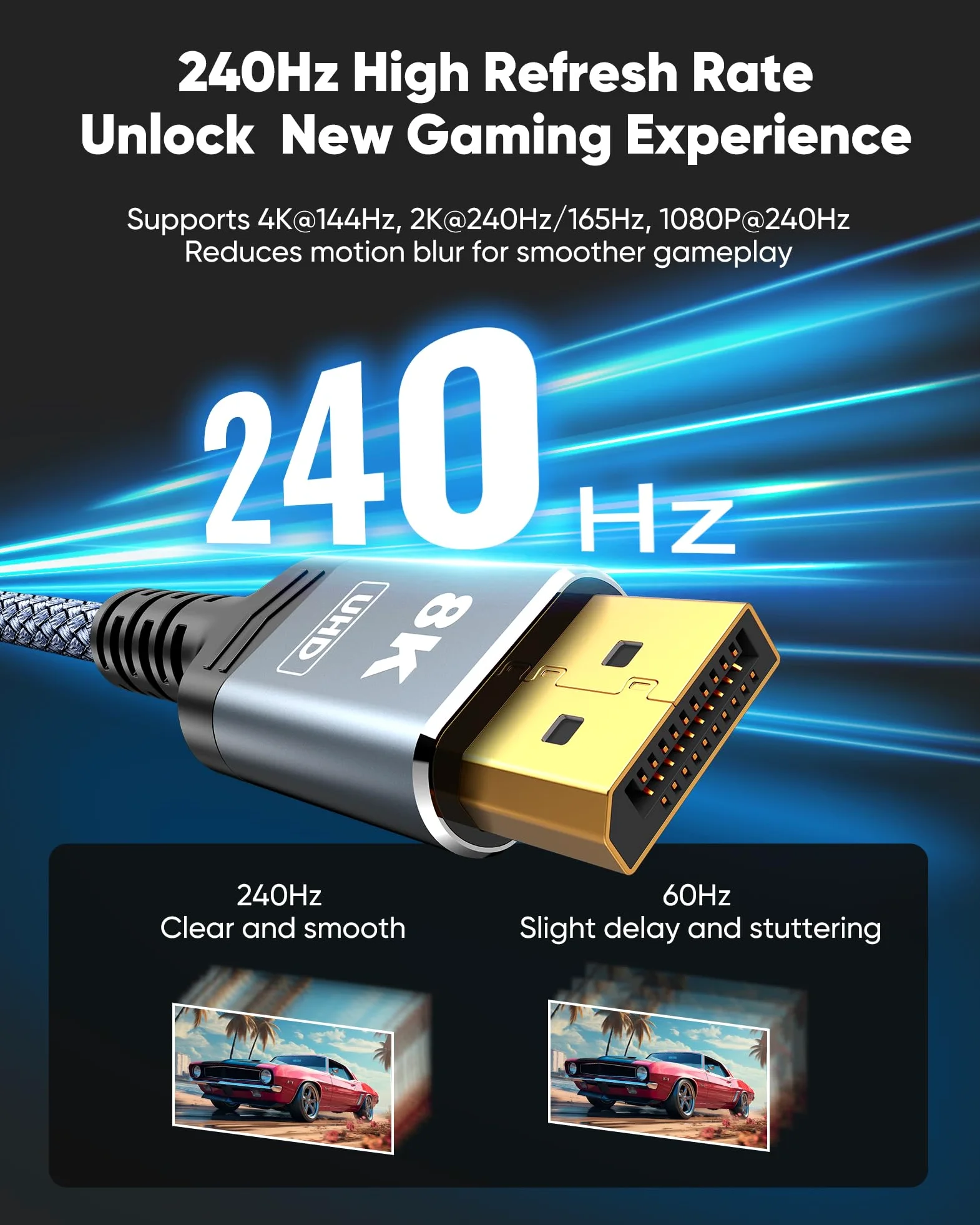 Capshi Câble DisplayPort 8K 4K 1.4, cordon DP en fibre optique de 30,5 m (8K @ 60 Hz, 4K @ 144 Hz, 2K @ 240 Hz/165 Hz), câble de port d'affichage haute vitesse 32,4 Gbit/s pour moniteur de jeu, HDR