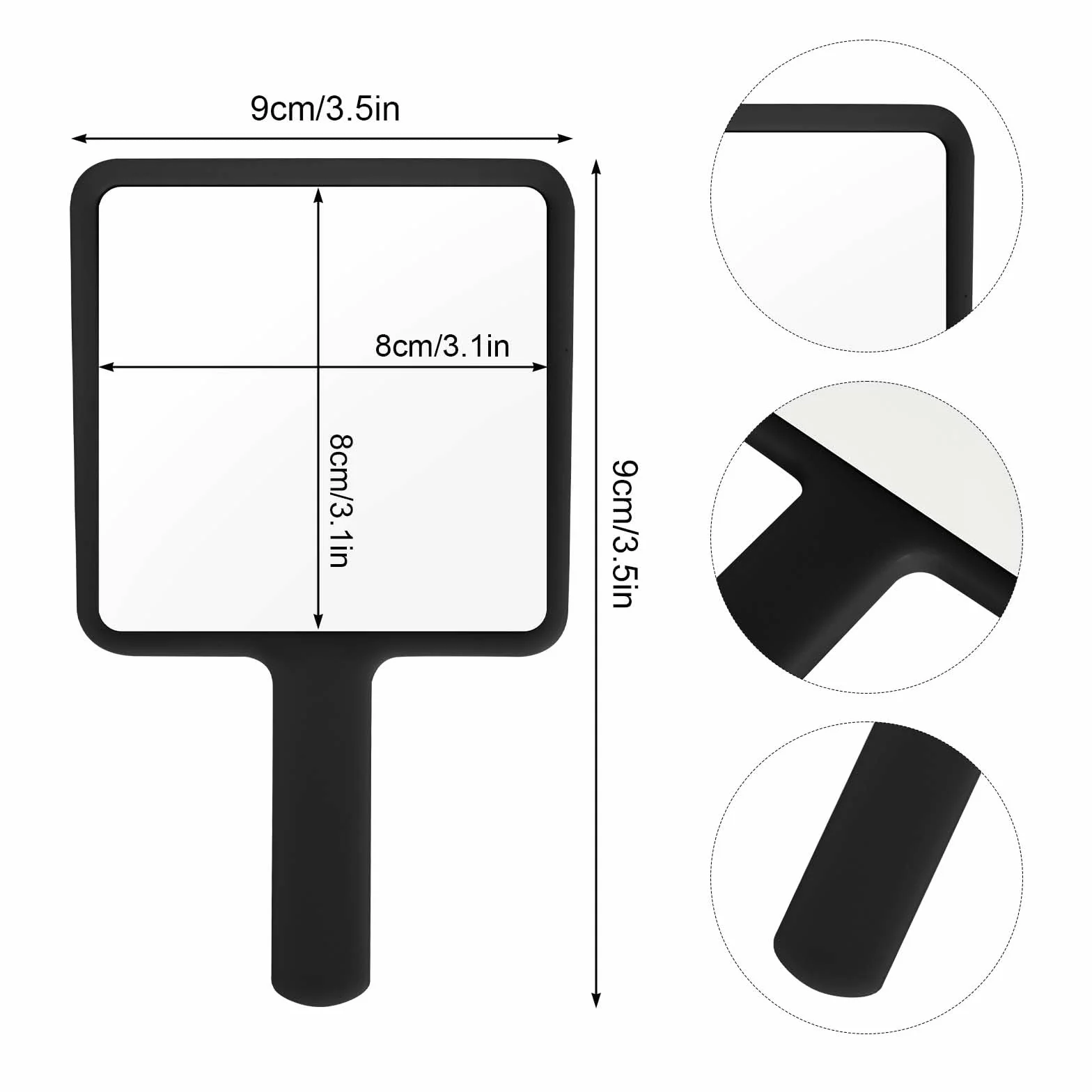 Miroir à Main de Coiffure Carré avec Poignée pour Maquillage Voyage Salon Noir
