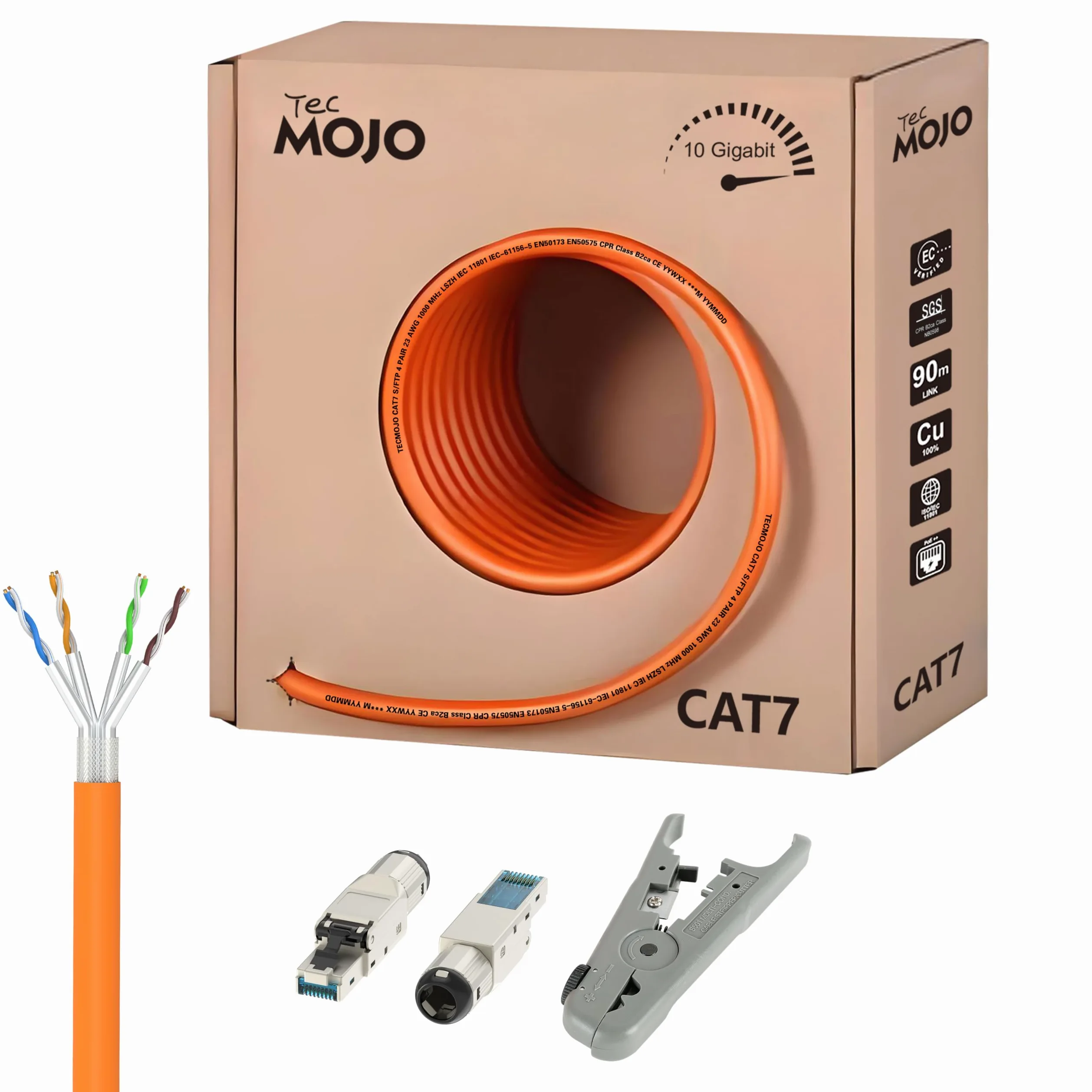 Tecmojo Câble réseau Ethernet LAN CAT7 S/FTP 50 m 10 Gigabit PiMF conducteur en cuivre pur 23 AWG avec blindage tressé AL-MG LSZH B2ca Orange avec outil de coupe et dénudage de câbles et connecteurs