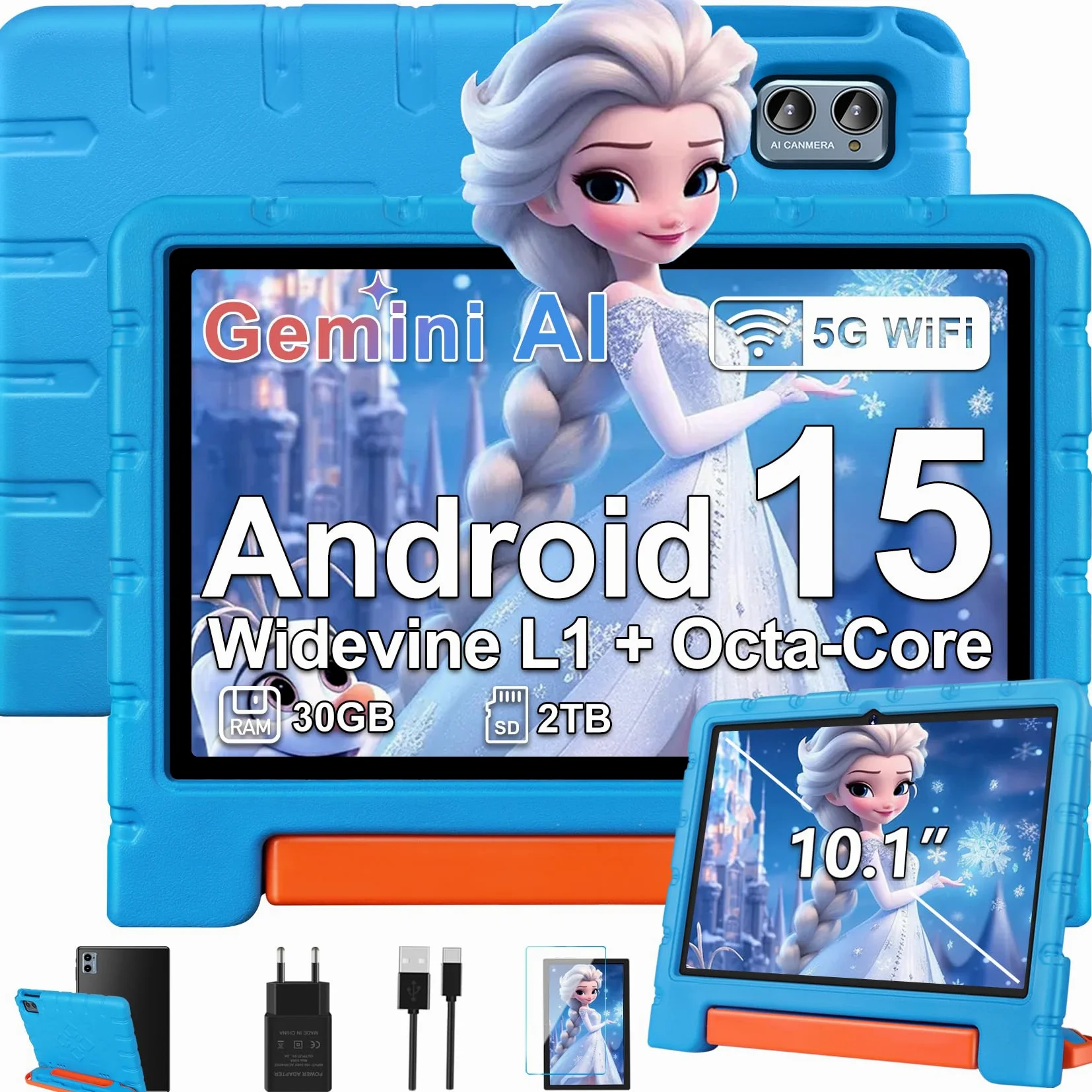 ZIOVO Tablette Enfants Android 15 Tablette 10 Pouces, 30Go RAM + 64Go ROM (TF 2To), Gemini AI, 5G WiFi/Octa-Core/Widevine L1/Face ID/Contrôle Parental/6000 mAh/BT 5.0, Tablette avec étui EVA - Bleu