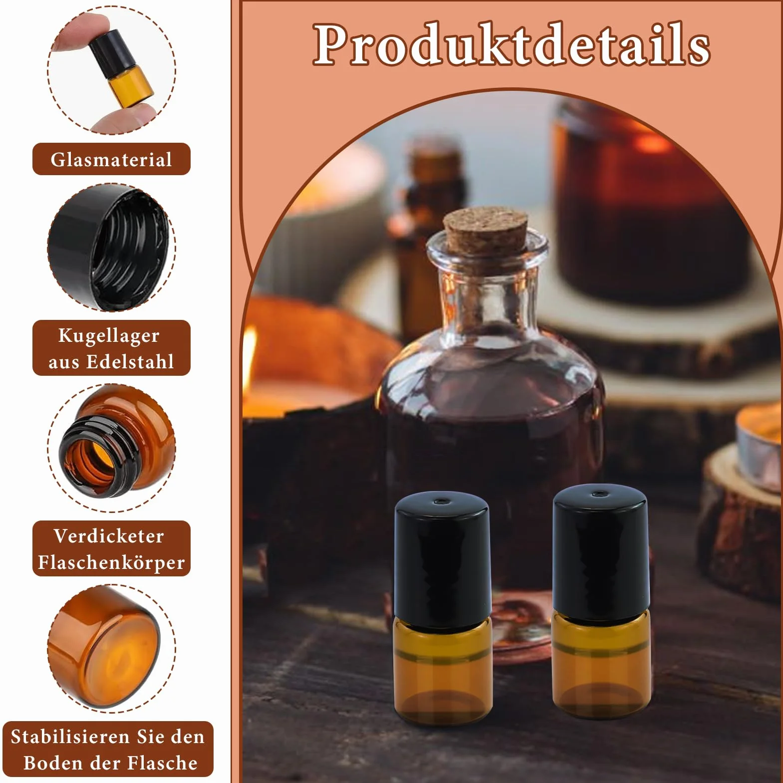 Mini Rouleaux de Verre Brun 52 Pièces 2ml Bouteilles avec Bille en Acier Inoxydable pour Huiles Aromathérapie