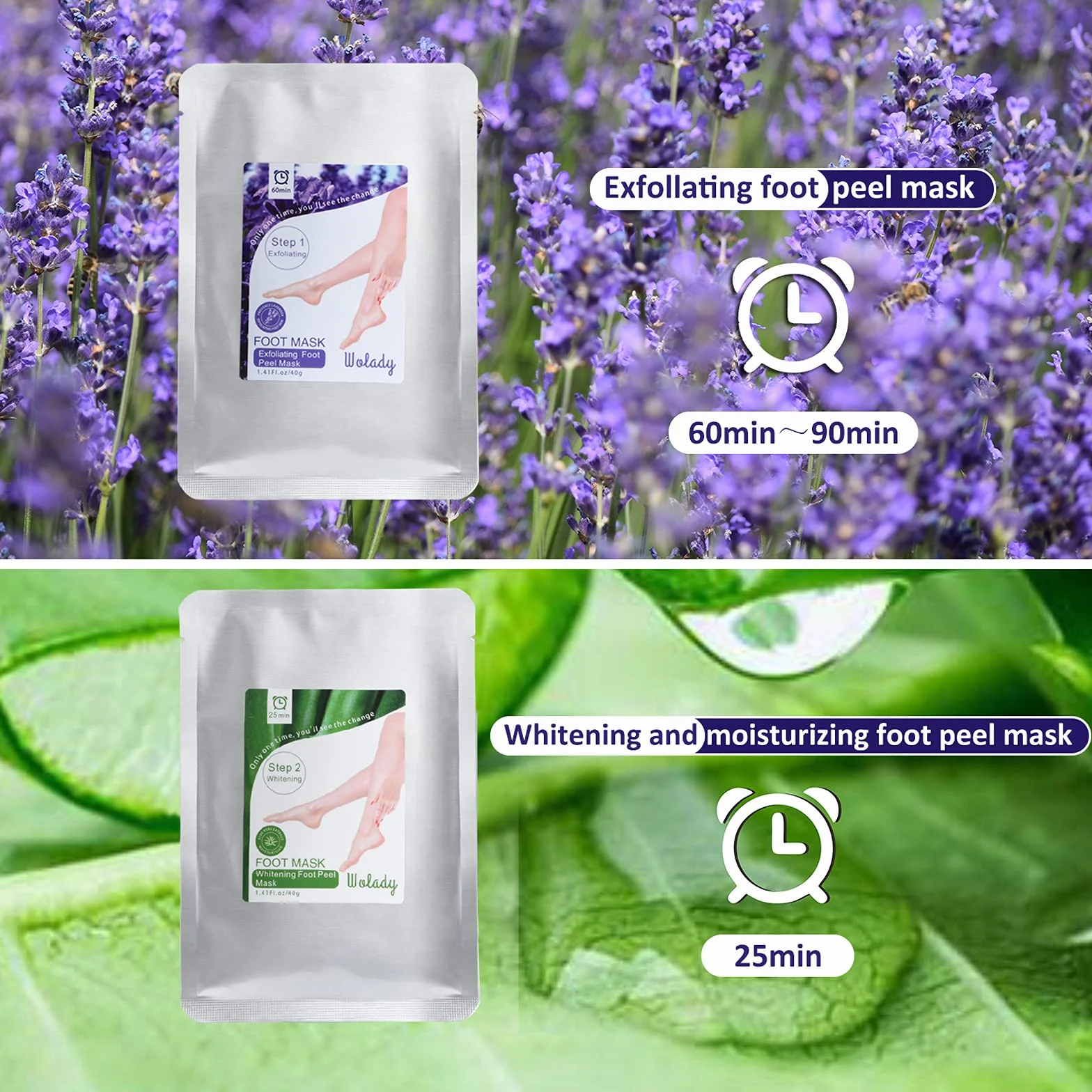 Wolady Masque Peeling Exfoliant Pieds Anti-Callosités Chaussette Hydratante 2 Paires Lavande Aloe Vera
