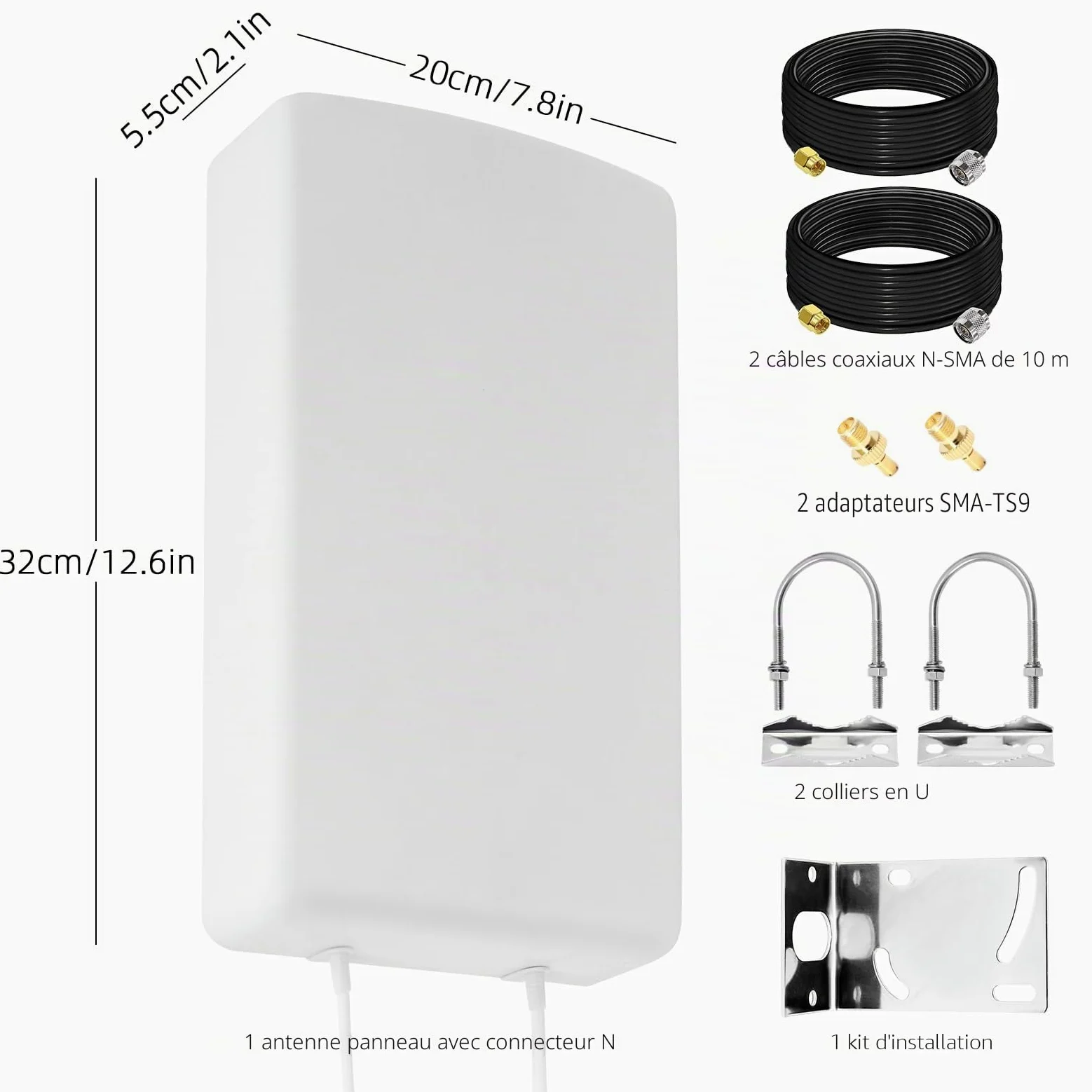 Antenne 4G 5G LTE Mimo Extérieur Directionnelle Gain Élevé 18dBi | 698-2700 MHz | 3300-4000 MHz, Compatible Routeurs 4g 5g, Connecteur N-SMA Adaptateur TS9, Câble 2x10 Mètres