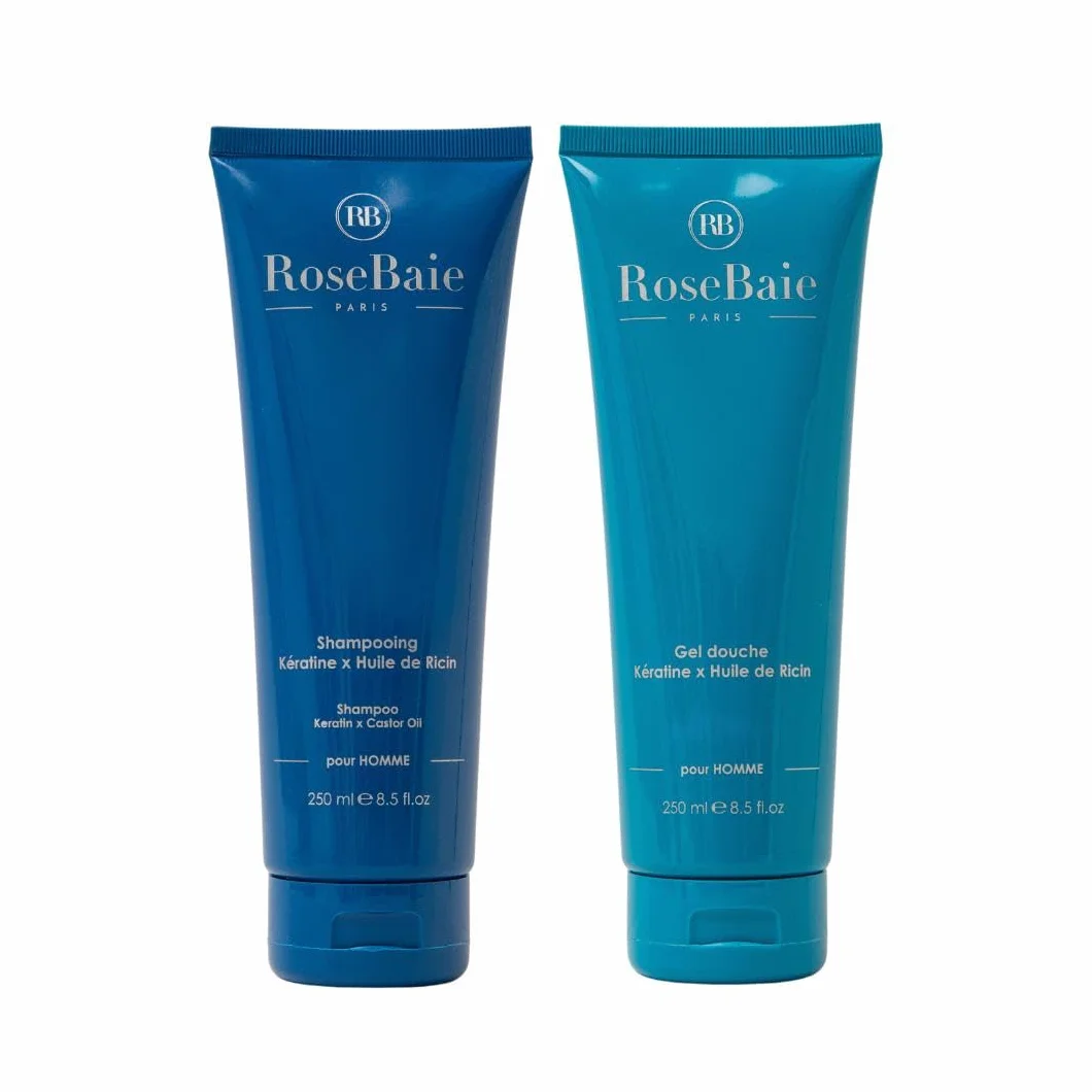 ROSEBAIE Duo Corps et Cheveux Ricin Kératine Probiotiques Shampoing Homme Antichute Antipelliculaire 250ml Gel Douche Fraîcheur Parfum Boisé 250ml