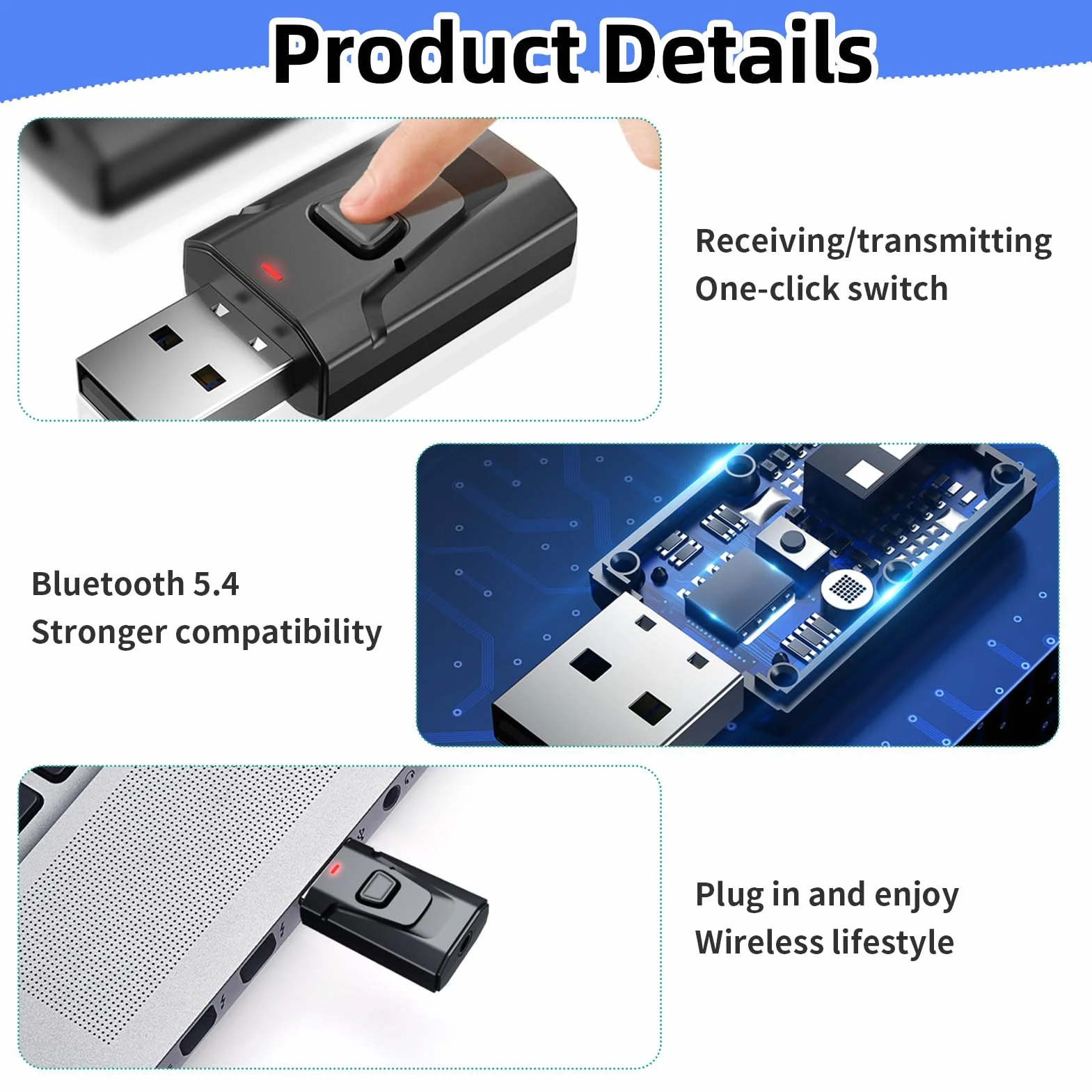 Adaptateur Bluetooth USB 5.0 2-en-1 Audio Stéréo sans Fil avec Prise Jack 3,5 mm