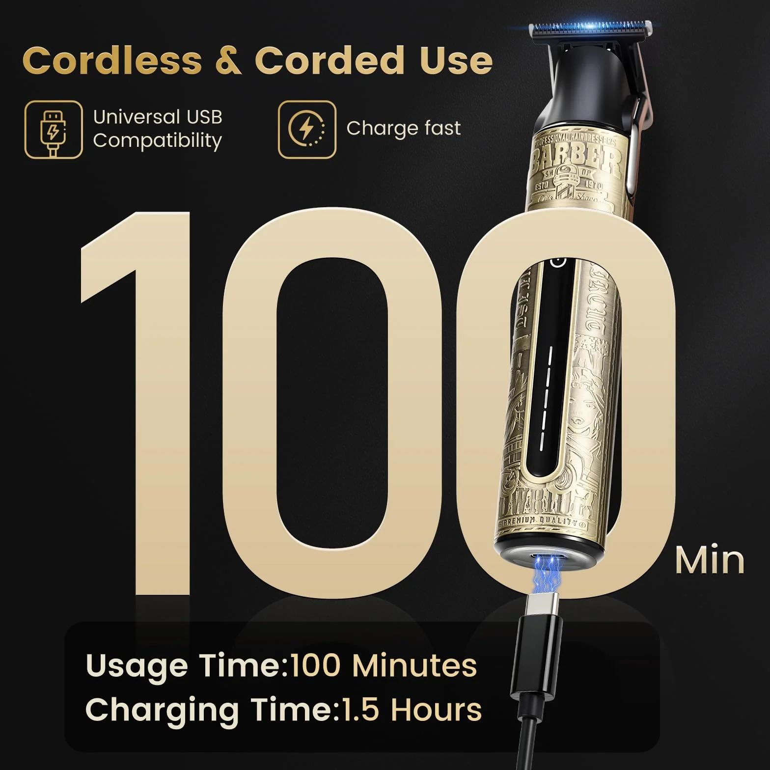 Tondeuse Barbe Homme Professionnelle Charge Type C IPX6 Kit Complet avec 4 Sabots Magnétiques