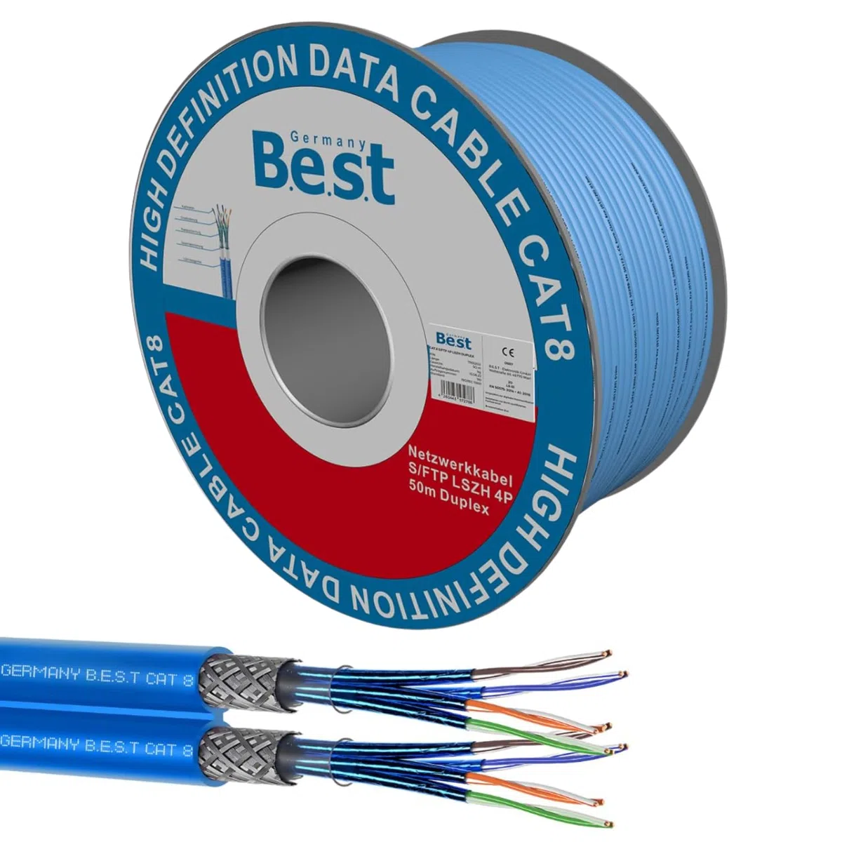Germany B.e.s.t Câble réseau duplex CAT 8 de 50 m - En cuivre - Câble LAN - Câble Ethernet S/FTP - 40 Gbit/s - Catégorie 8 - En cuivre pur - Câble de données PoE++ LSZH
