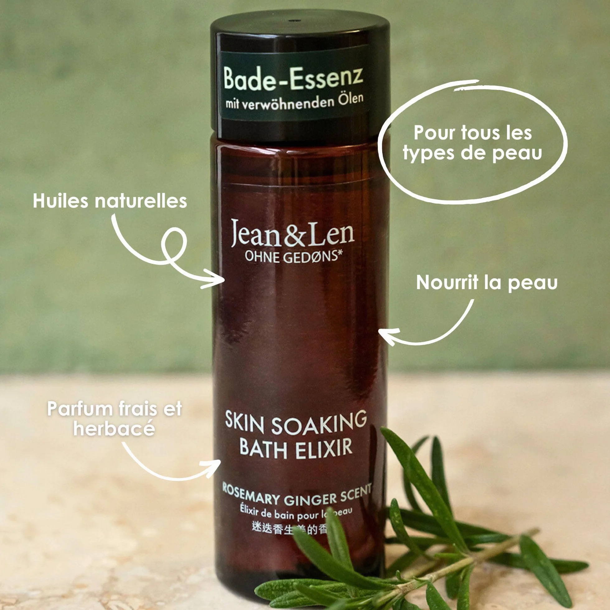 Jean & Len Bath Elixir Rosemary & Ginger huile de bain 100 ml sans parabènes silicones