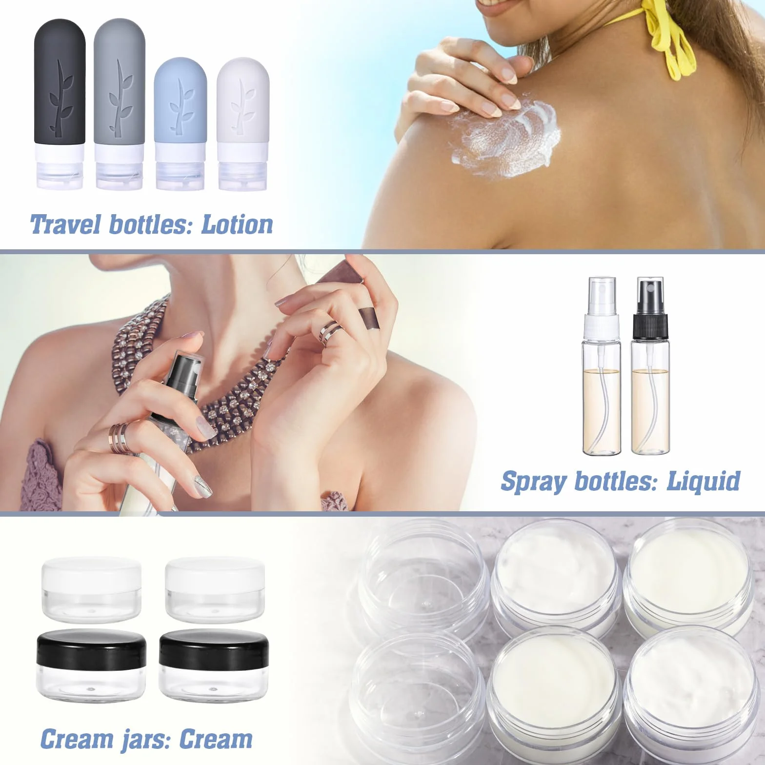 Flacons Voyage Silicone 16 Pièces Kit Récipients Shampoing Lotion Cosmétiques Avion Cabine Noir