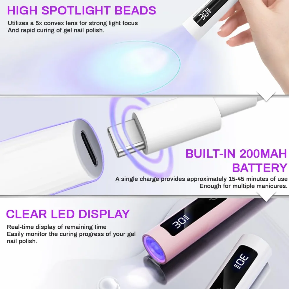 Flintronic Lampe UV Ongles Gel 3W Portable Professionnel avec Charge Rapide USB-C Double Minuteur 30s/60s Écran Tactile