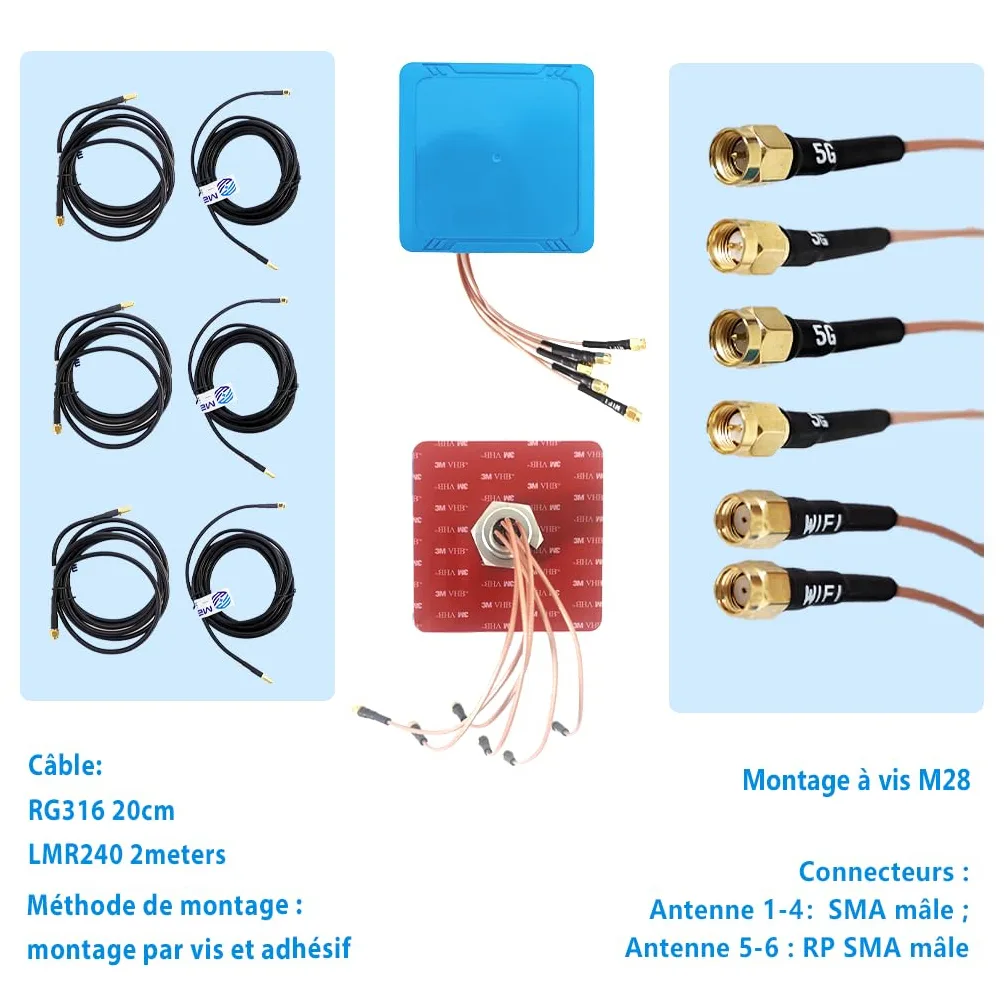 Maswell Antenne extérieure 6-en-1 4X4 MIMO 5G + WiFi 7 2X2 MIMO, Faible Gain 3dBi 700-6000 MH in, avec WiFi 6E, Bluetooth, WiMAX et Zigbee, Montage à vis et adhésif, SMA et RP-SMA