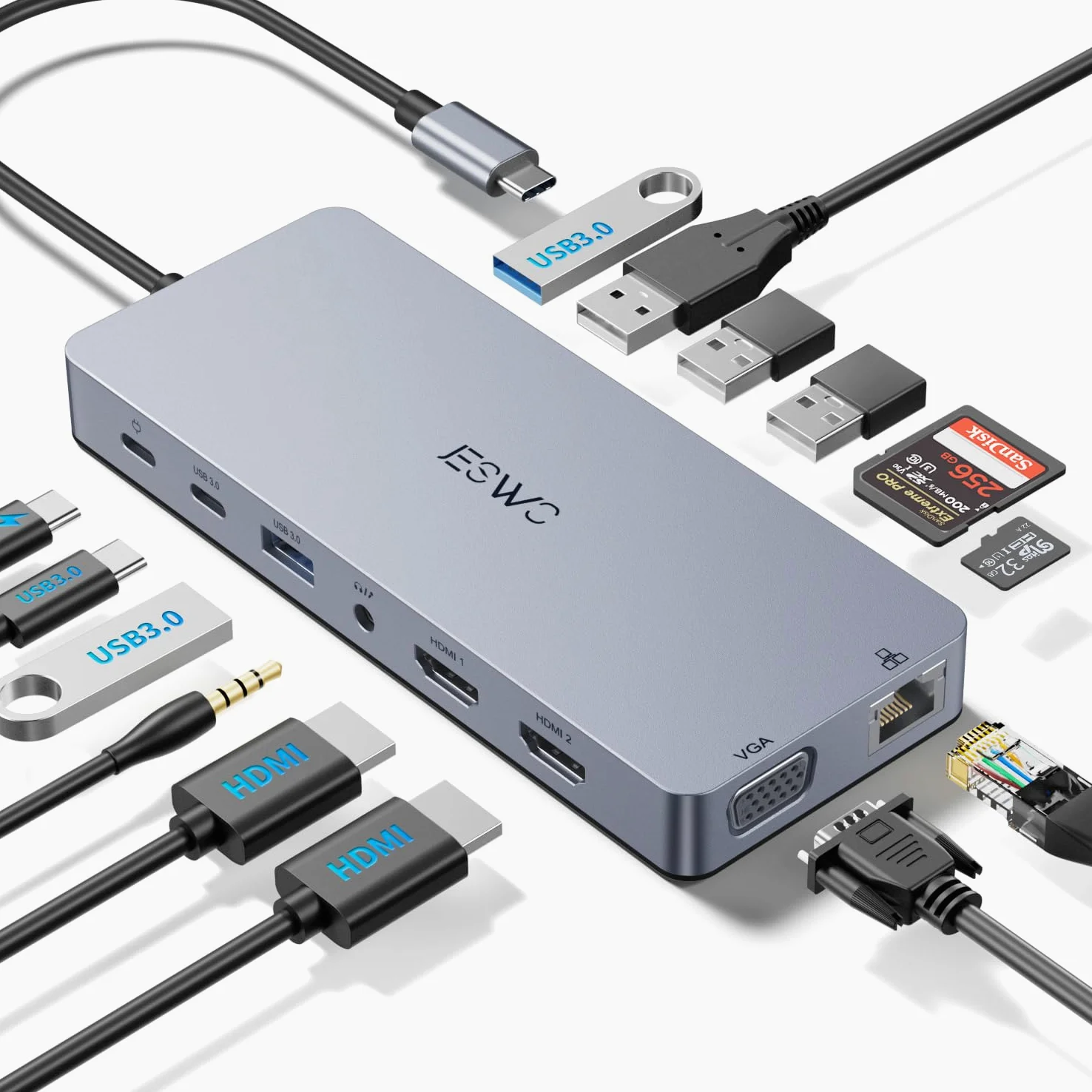 Docking Station USB C,JESWO 14en1 Dock USB C Dual HDMI USB 3.0 pour Windows | Hub USB C avec VGA, Ethernet, Multiports USB 3.0&2.0, 100WPD, Type-C Data, SD/TF, AUX Jack pour Windows,Mac OS, iPad OS