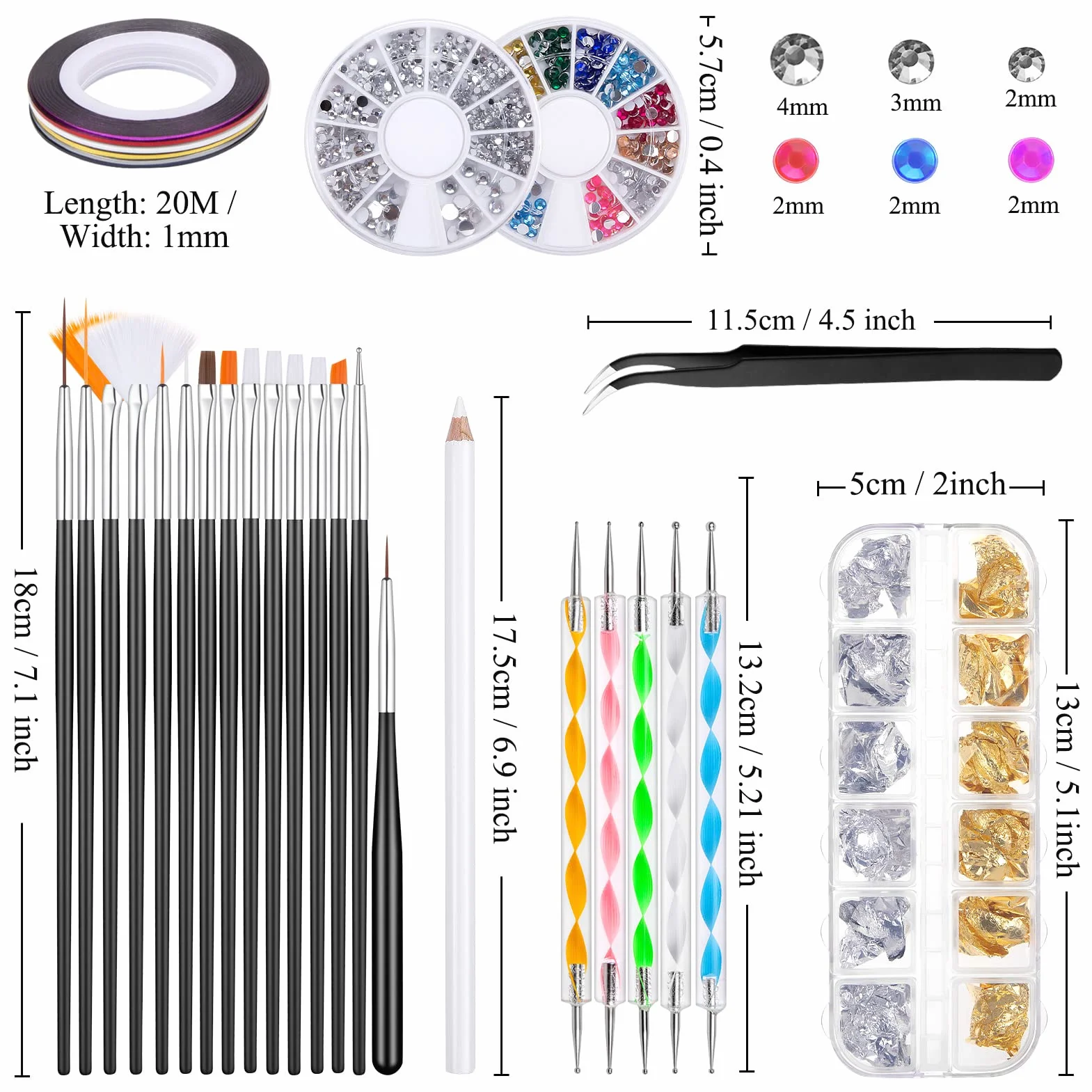 Kiiwah Kit Nail Art Design 31 Pièces Pinceau à Ongles Dotting Pens Strass Striping Tape Manucure