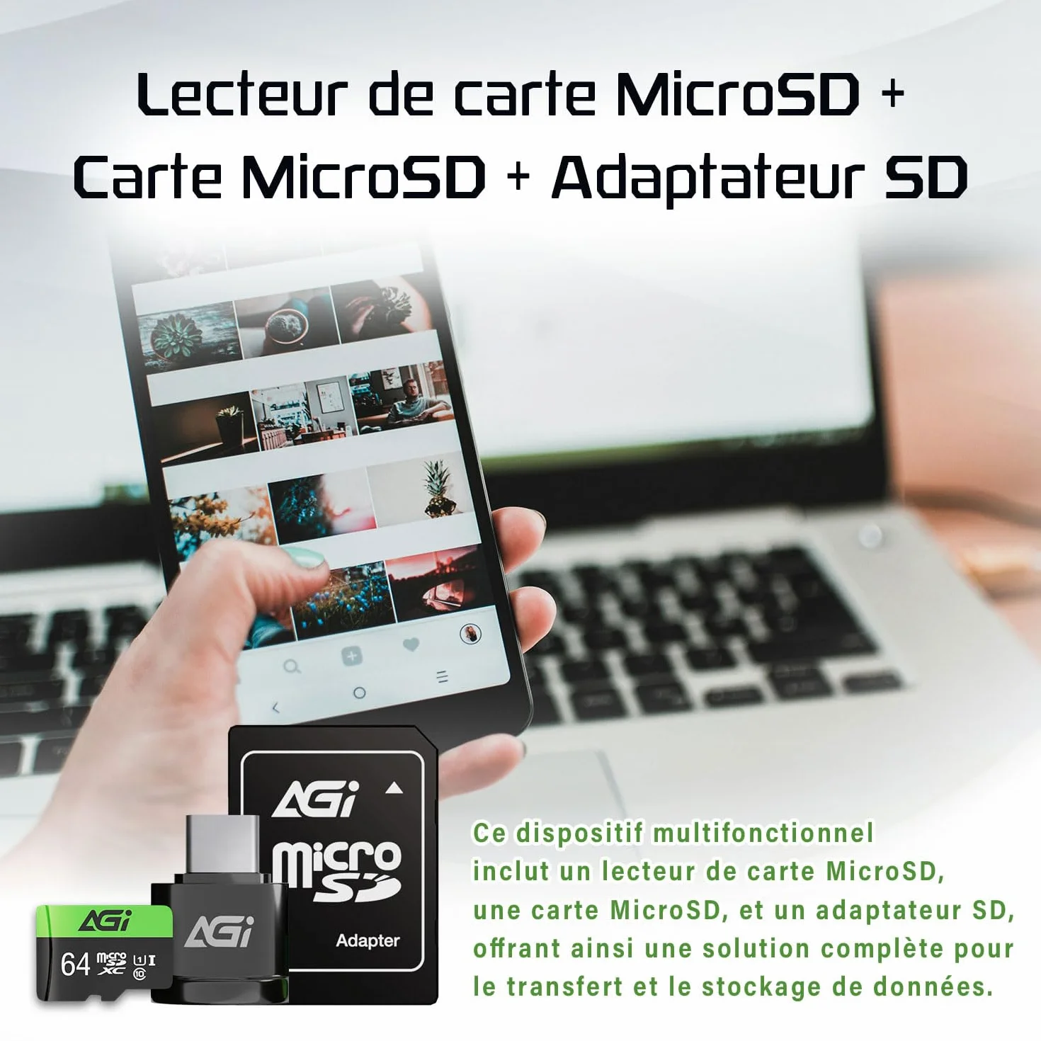 AGI TF138 Carte Micro SD MicroSDXC 64 Go avec Adaptateur SD Lecteur de Carte Type C USB 2.0 OTG