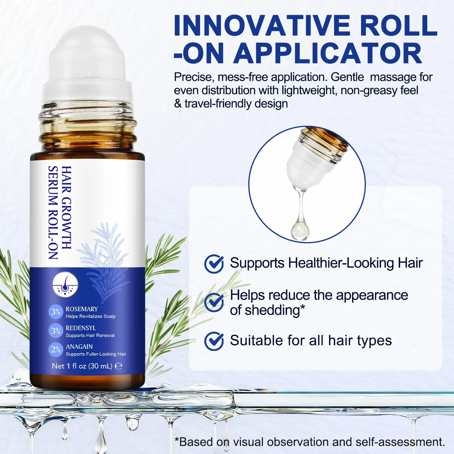 Huile et sérum de croissance capillaire au romarin 3%, Redensyl 3%, Anagain 2% - 30 ml