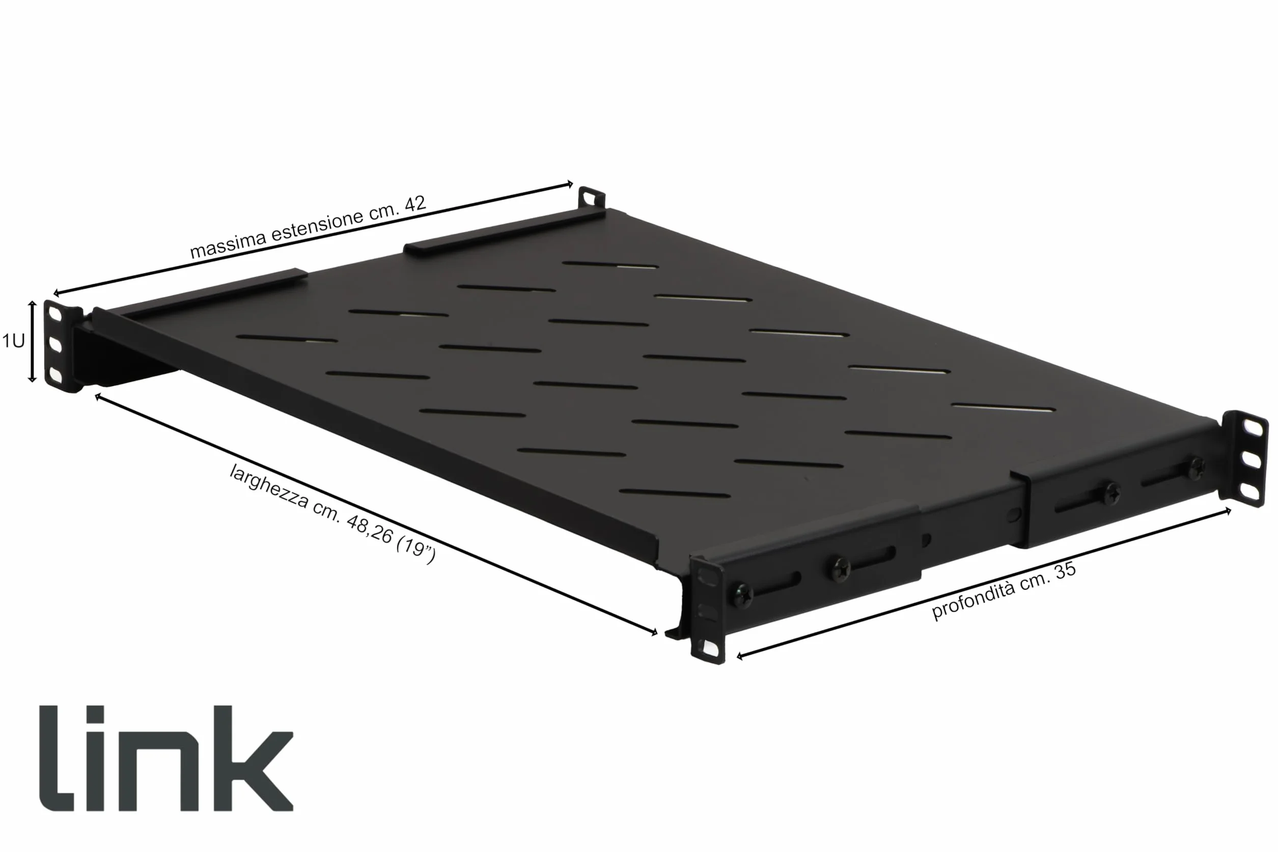 Link LKRIP350AN Étagère pour Armoire Rack 19" Extensible 350 mm avec 4 Crochets Noir