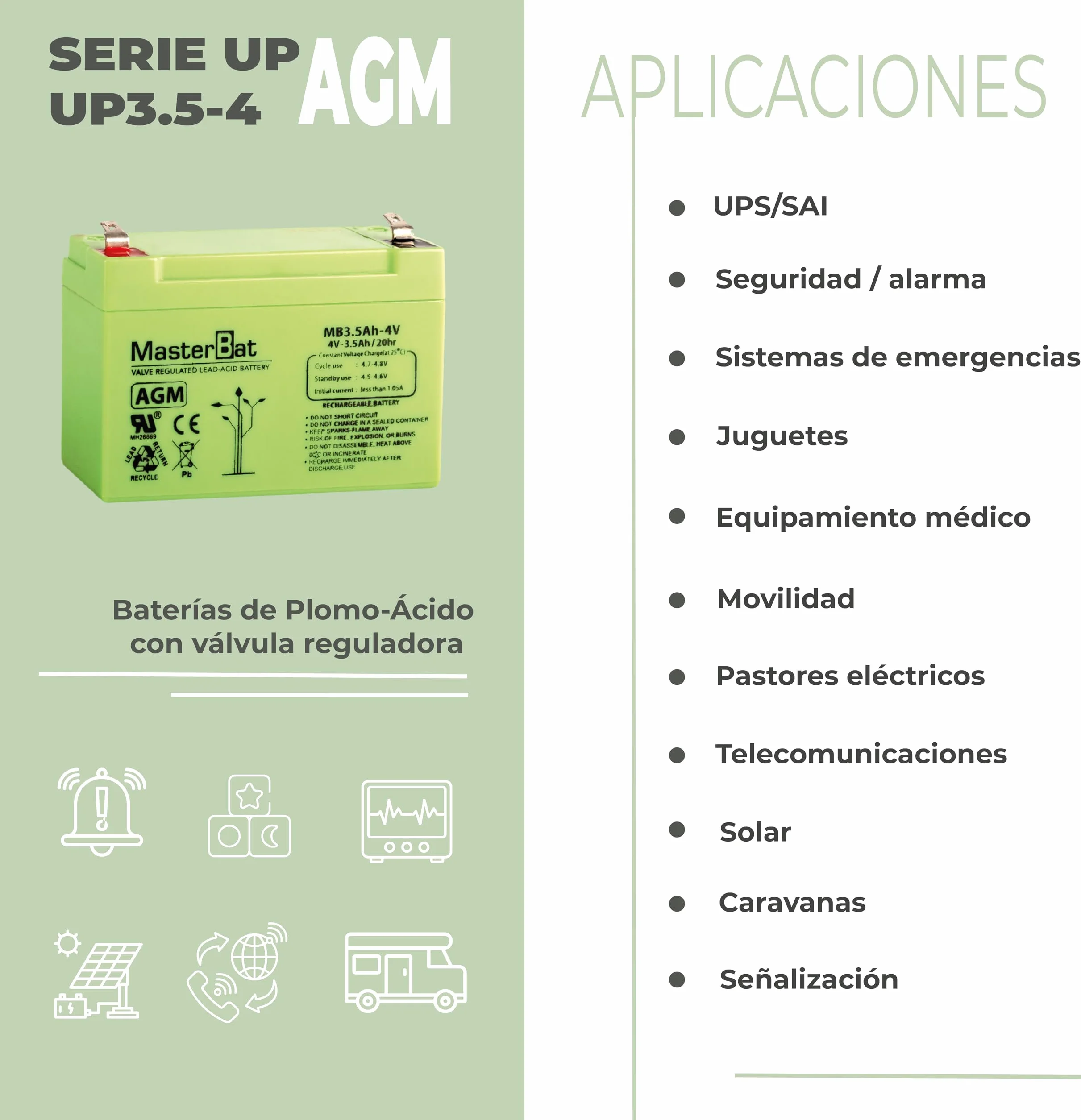 Master U-Power Batterie AGM 3,5 Ah 4 V