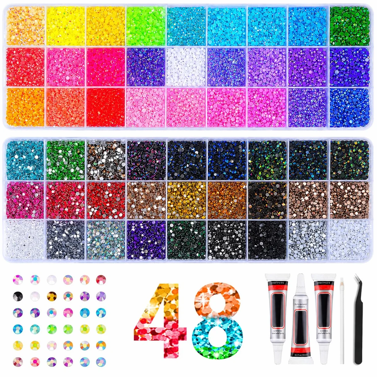 Kit Strass à Coller 48000PCS 48 Couleurs, Strass 3 mm Flatback pour Nail Art et DIY Décoration