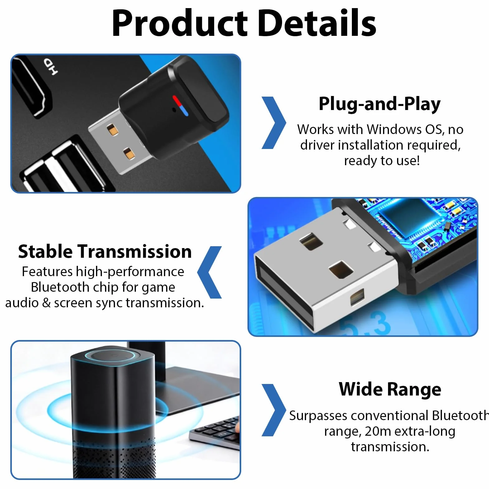 Adaptateur Bluetooth 5.3 USB Dongle pour PS5 PS4 PC Switch Mac Double Appairage Faible Latence