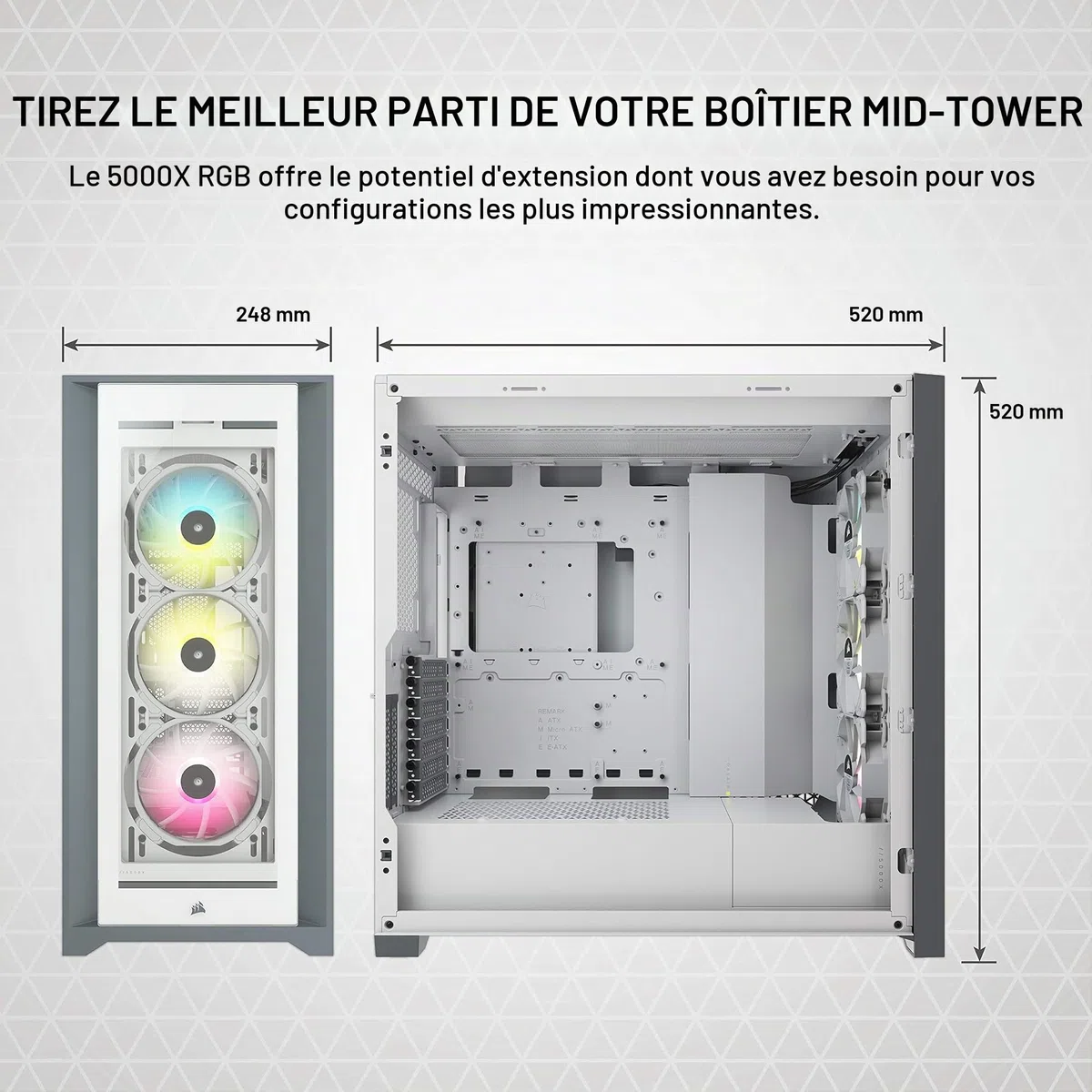 Corsair iCUE 5000X RGB Moyen-Tour Connecté en Verre Trempé Boîtier (Quatre Panneaux en Verre Trempé, Système de Câbles RapidRoute, Trois Ventilateurs RGB de 120 mm Inclus, Éclairage Intelligent) Blanc