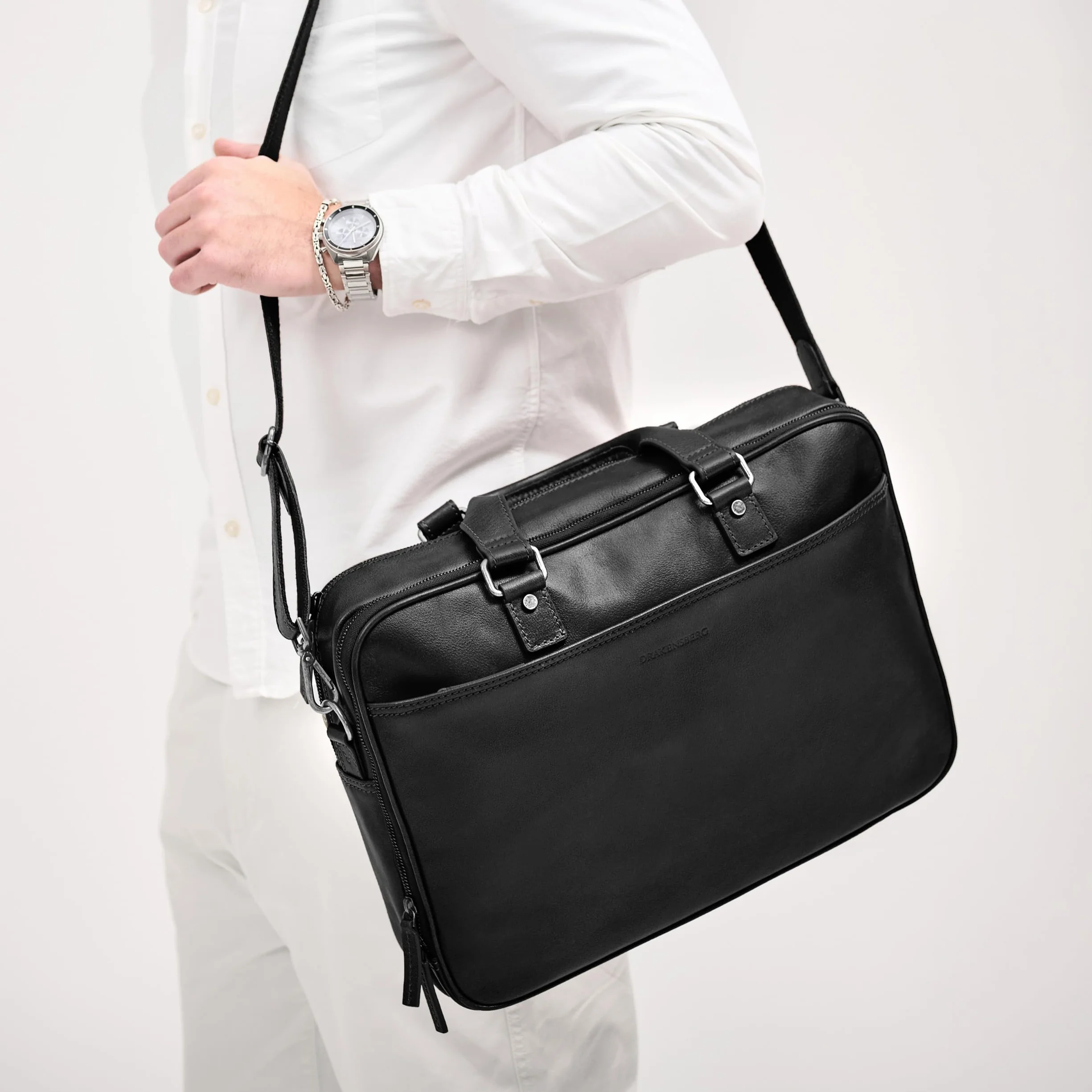 DRAKENSBERG Aurelio Porte-documents en cuir pour homme, 2 compartiments principaux, sacoche luxueuse pour ordinateur portable 16" pour le bureau, le travail, les voyages, 11 l, Noir , L