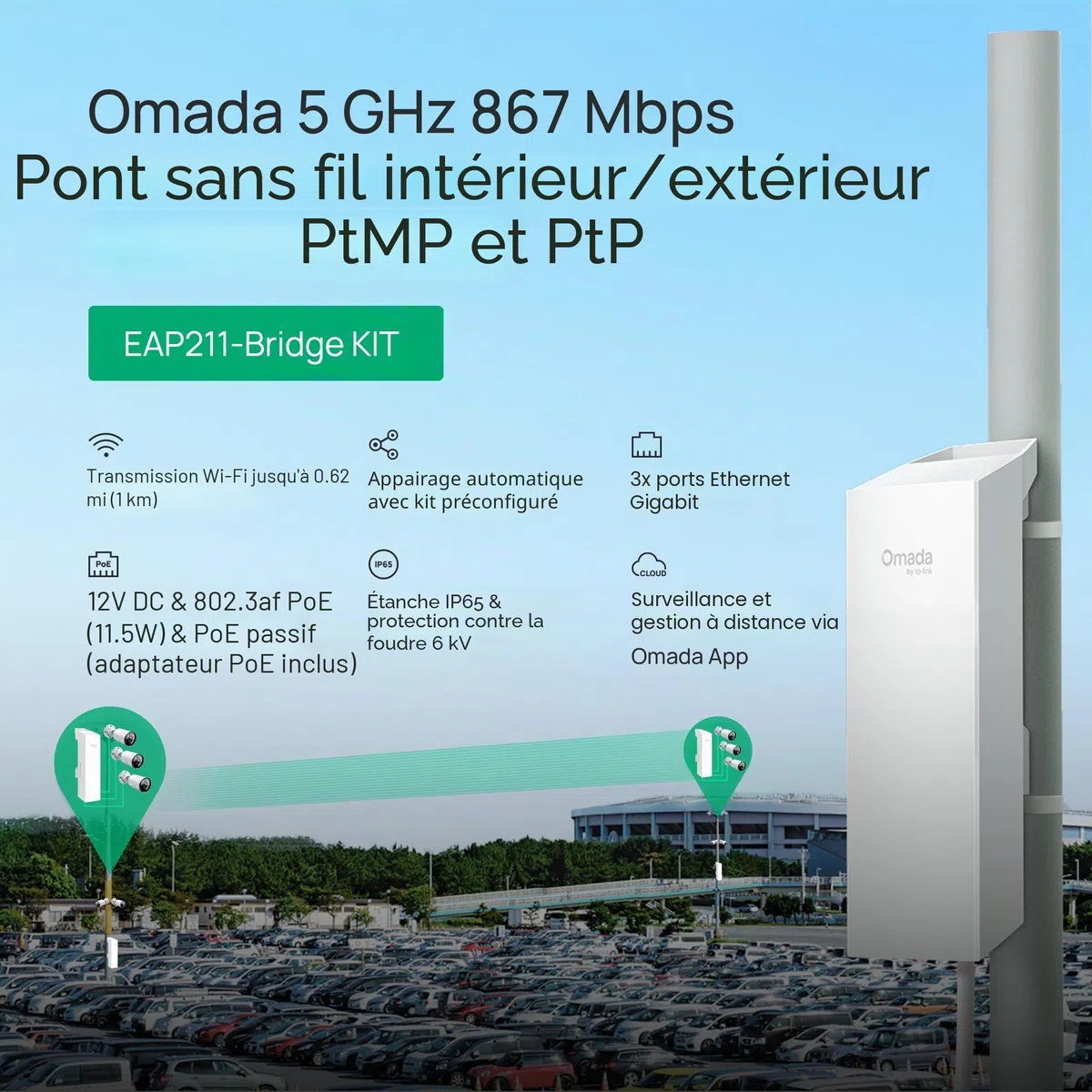 TP-Link Omada EAP211-Bridge KIT | Pont sans fil point 5 GHz 867 Mbps | Accès longue portée interne/externe, 0,6 miles | Mesh, MU-MIMO | SDN intégré | Accès cloud