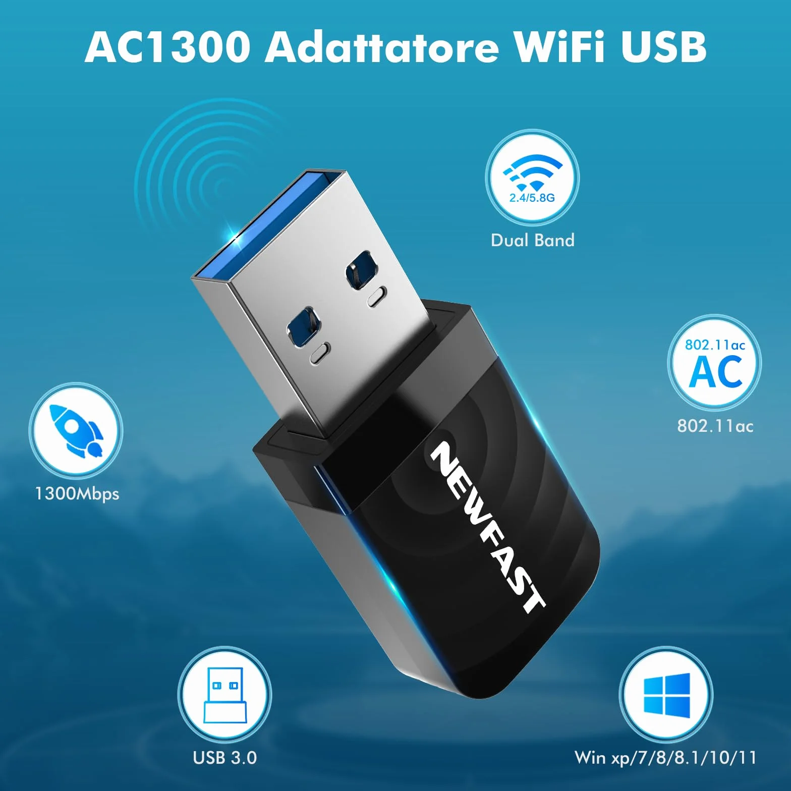 NEWFAST 1300Mbps WiFi USB pour PC, Clé WiFi Dual Band 2.4GHz/5GHz | AC1300 Adaptateur WiFi USB pour PC, USB 3.0, compatible avec Windows 11/10/8.1/8/7/XP et Mac OS 10.11-10.15