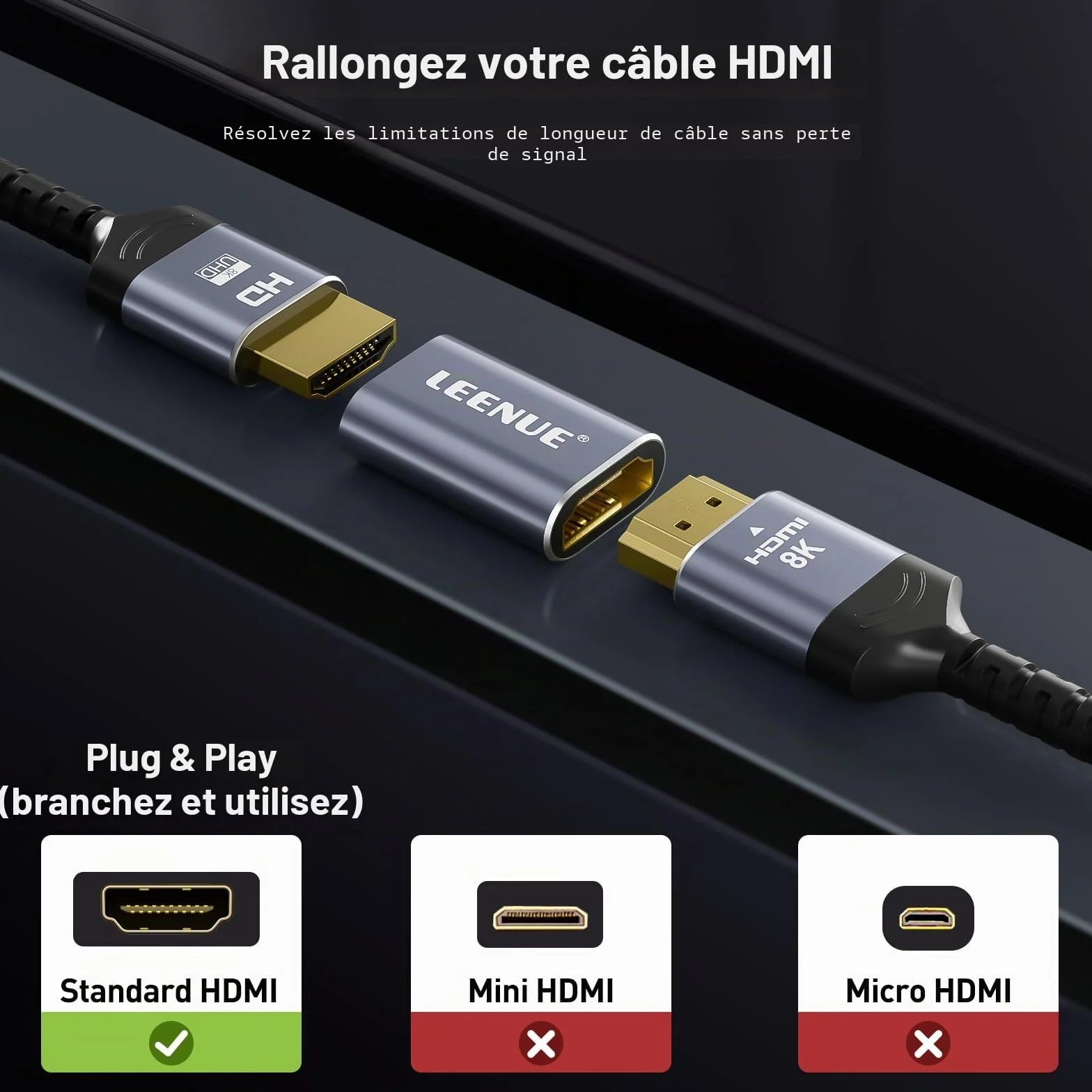 Adaptateur Rallonge HDMI 2.1 Connecteur Femelle vers Femelle 8K@60Hz 4K@120Hz UHD HDR eARC