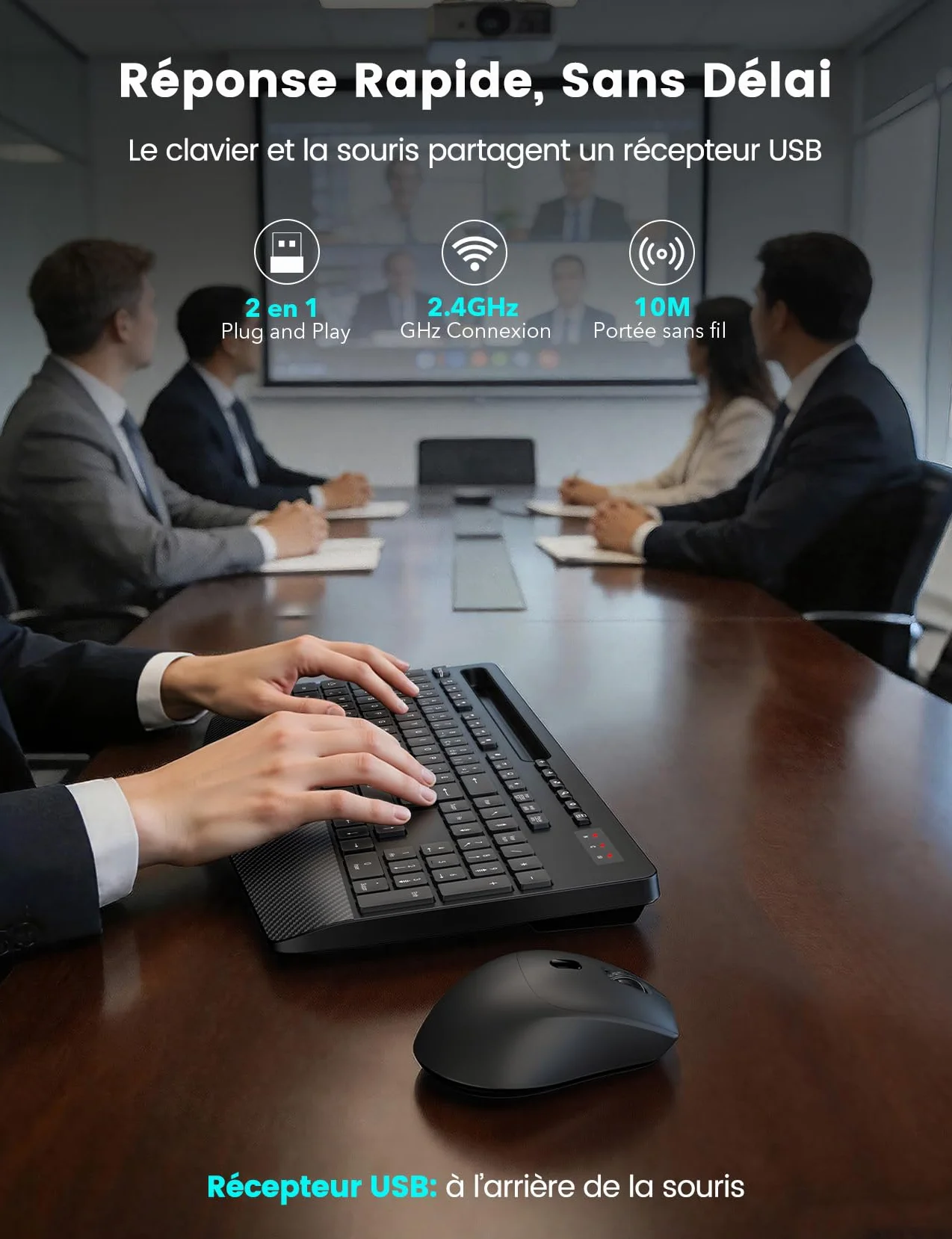 Ensemble Clavier et Souris sans Fil AZERTY-KM23 Noir, Ergonomique Pleine Taille avec Repose-Poignet, Silencieux 2,4 GHz pour PC Windows