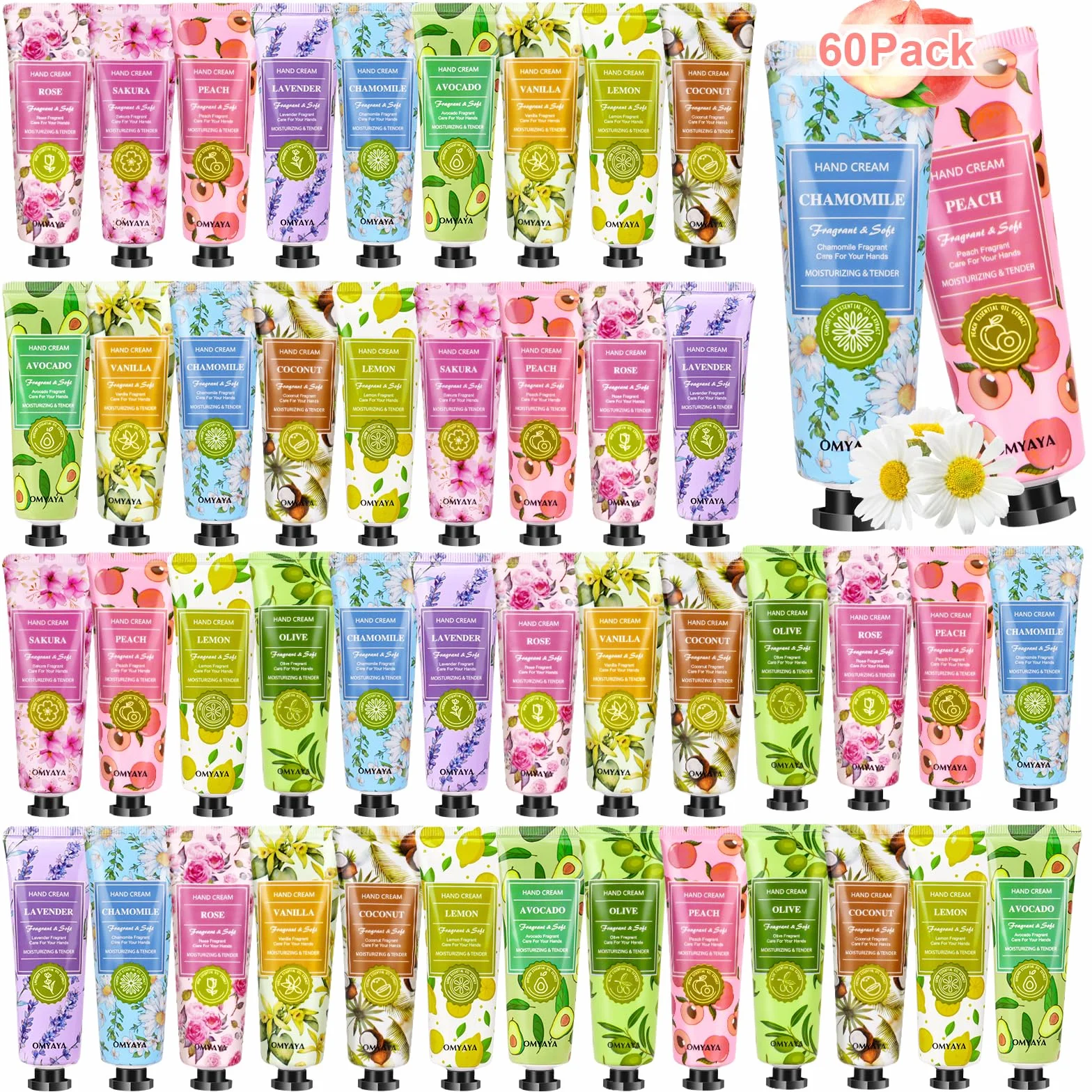 Coffret Cadeau Crème Mains 60 Lot, Mini Lotion Hydratante Parfumée pour Femme