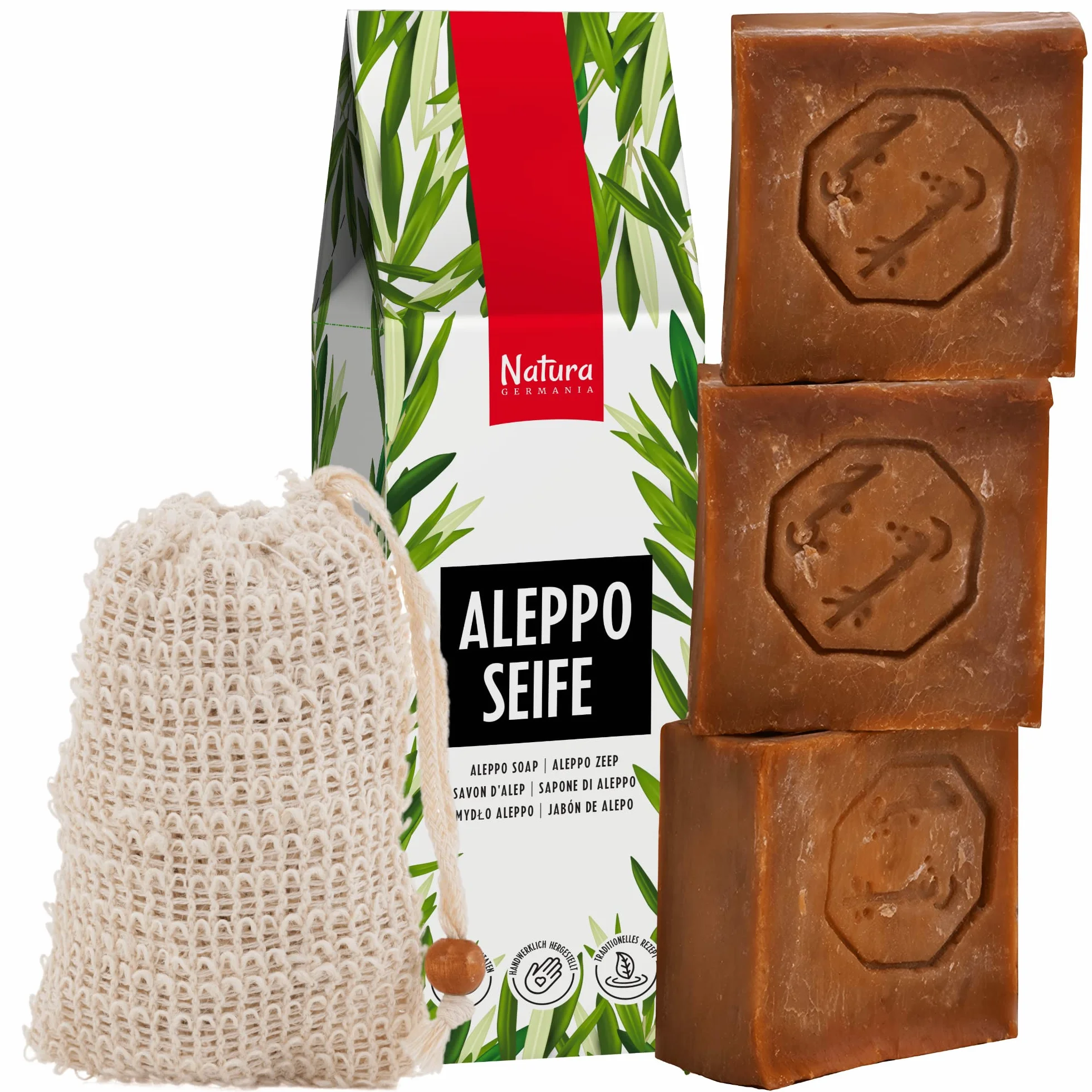 Natura Germania Ensemble de 3 savons d'Alep 60% huile d'olive 40% huile de laurier 200g chacun