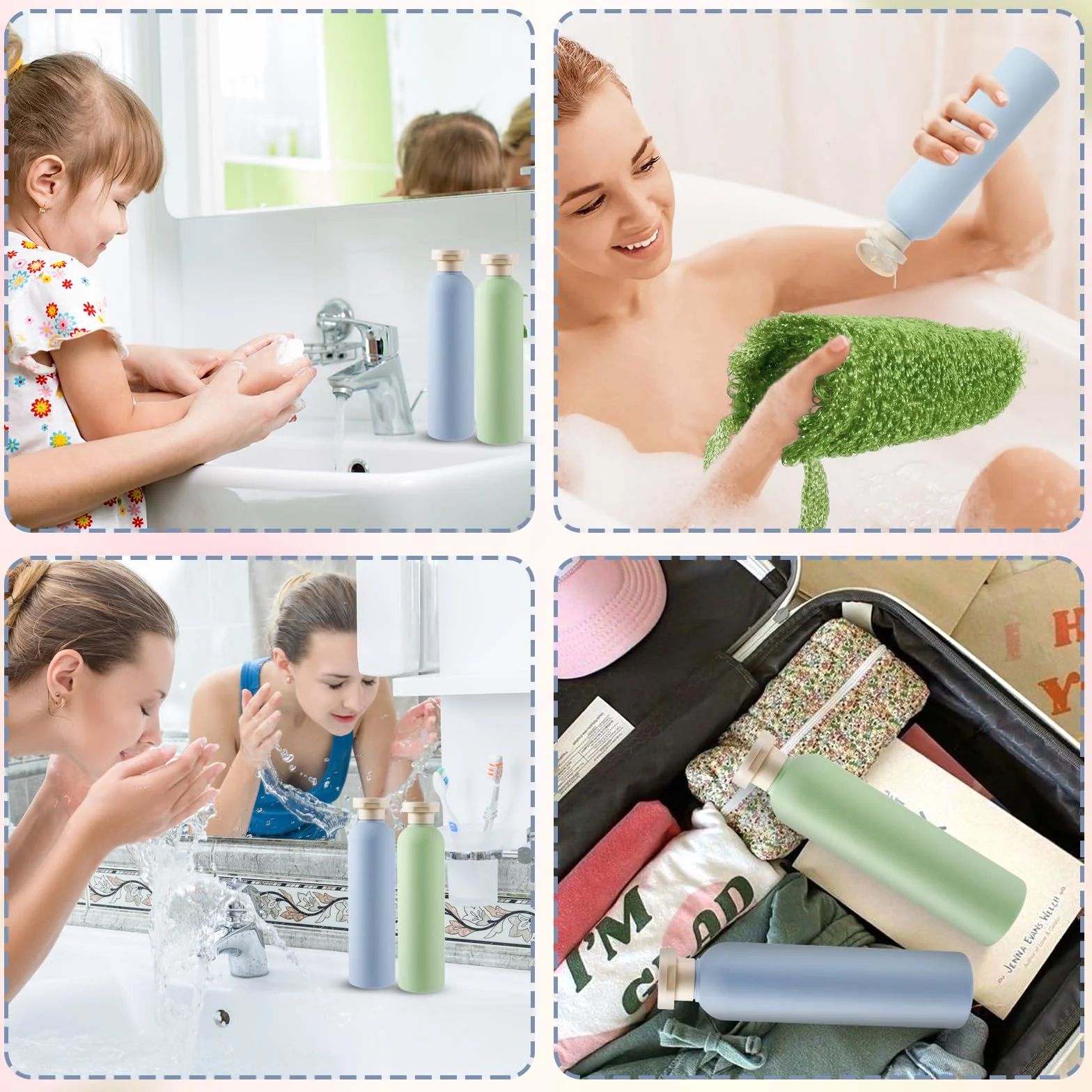 Molain Lot de 2 flacons compressibles 260 ml plastique rechargeables bouchon rabat anti-fuite shampooing crèmes lotion après-shampoing bleu vert