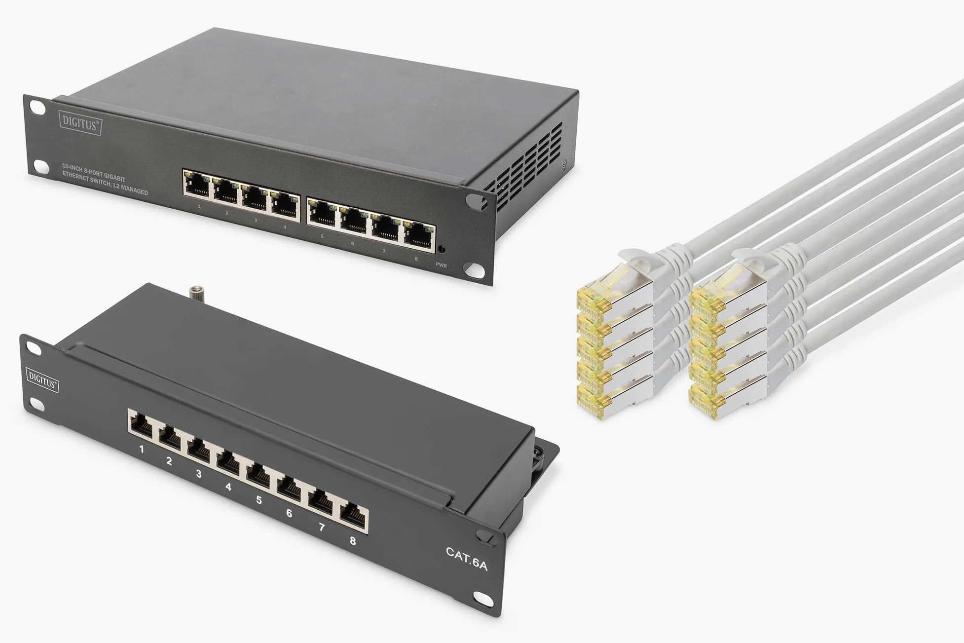 DIGITUS Set: Kit réseau 10 pouces - 1x switch Gigabit, 8 ports, administrable, switch Ethernet - 1x panneau de brassage Cat-6A , 8 ports, LSA - 10x câbles réseau Cat-6A, câble de brassage gris, 0,25 m