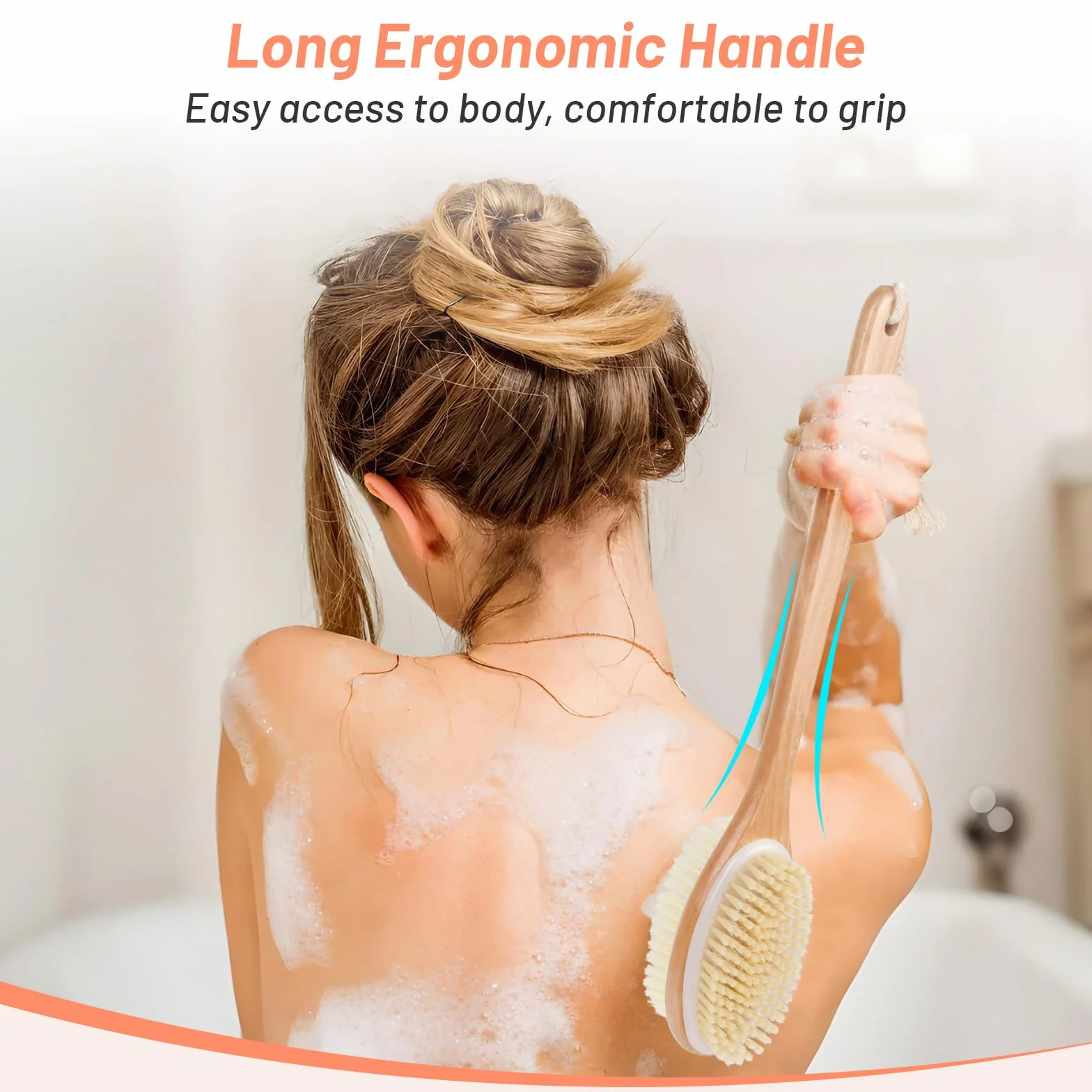 Alyvisun Brosse Dos Douche en Bois avec Manche Long, Brosse Exfoliante Corps Double Face Poils Rigides et Doux