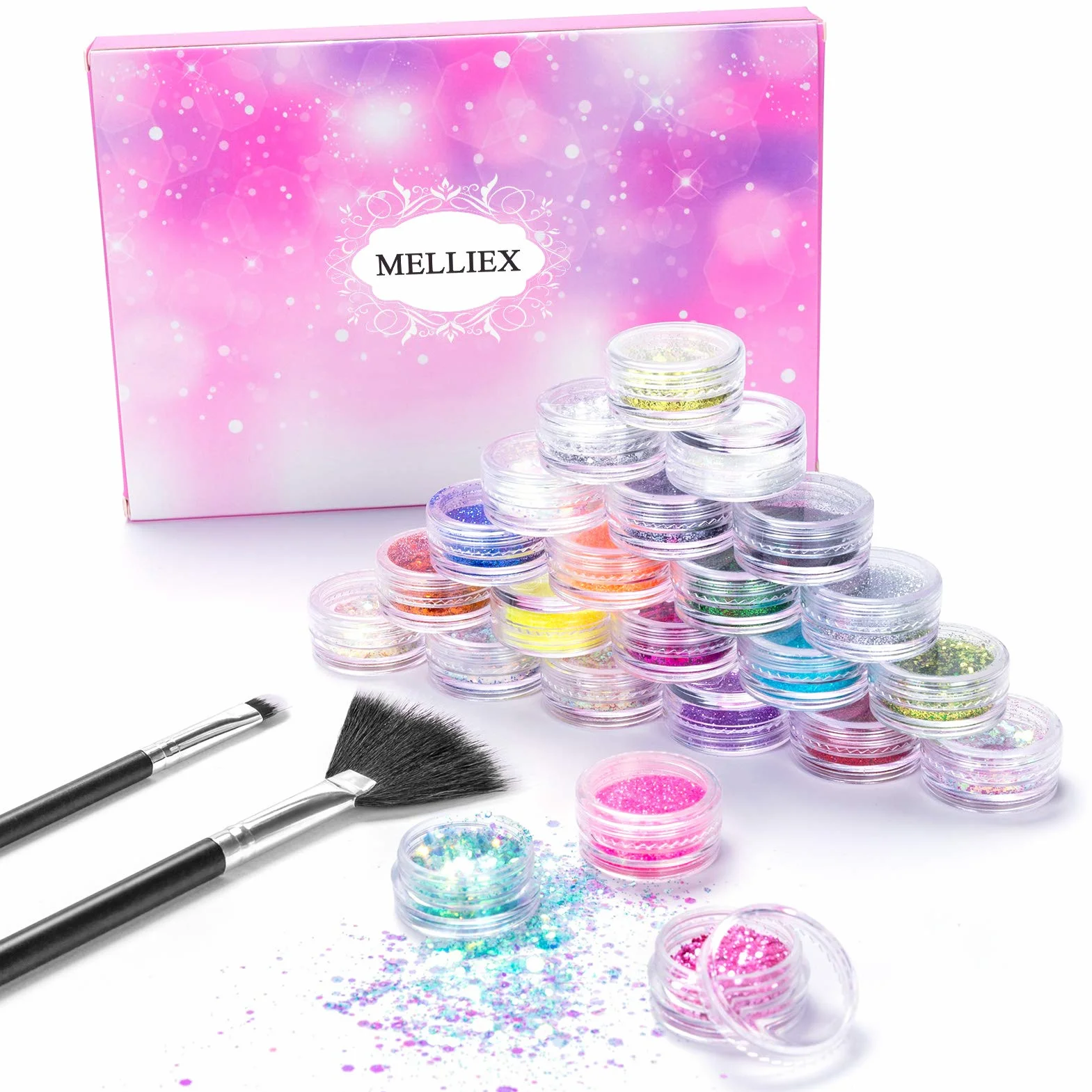 MELLIEX 24 Pièces Paillettes Ongles Set, Poudre Pailletée Holographique Maquillage Festival Visage Corps Nail Art