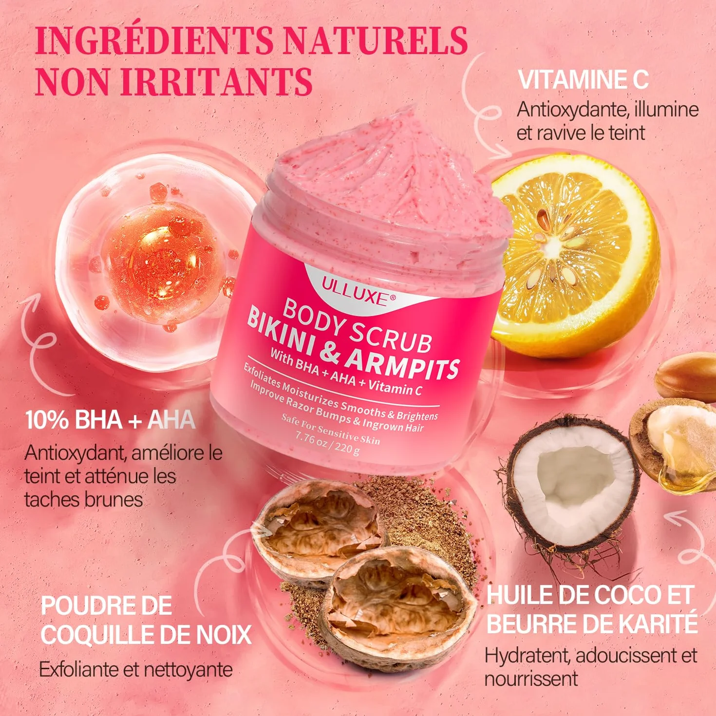 Gommage exfoliant maillot 10% AHA + BHA vitamine C 200g élimine poils incarnés taches brunes