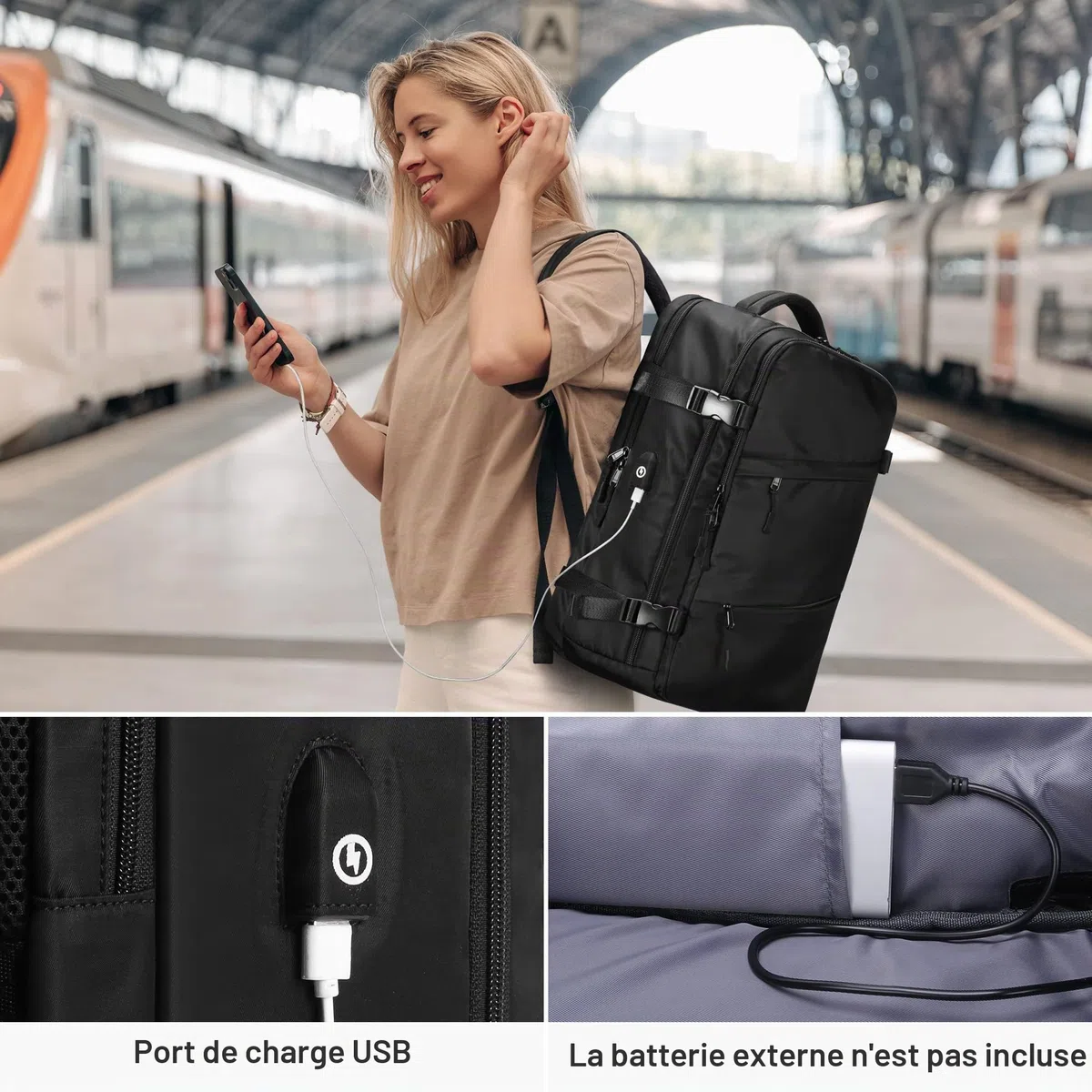 HOMIEE Sac à Dos de Voyage, Sac à Dos Cabine Imperméable pour Ordinateur Portable, Sac a Dos Voyage Avion Antivol avec Port de Charge USB, Sac à Dos Bagage à Main pour Femme & Homme, Noir