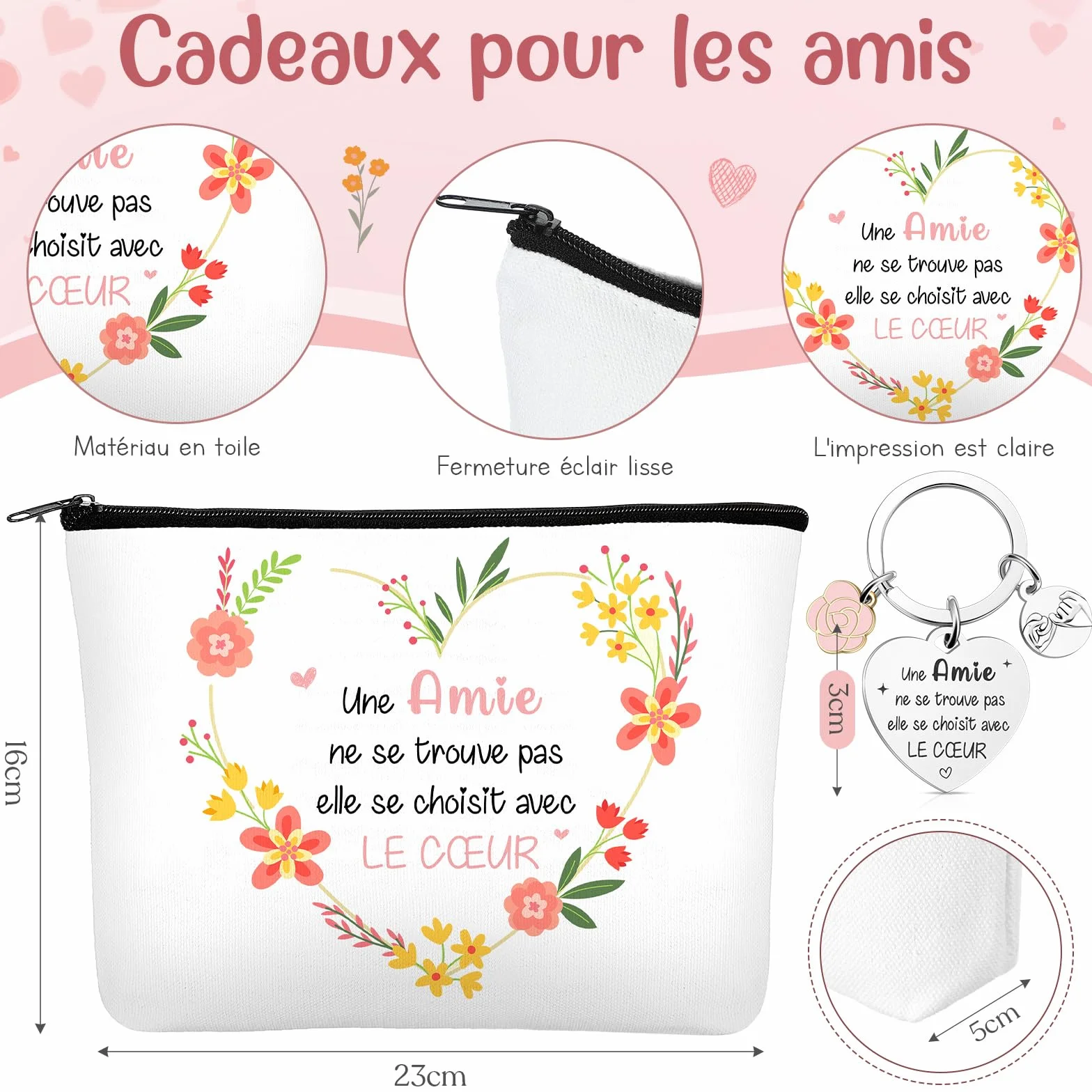 Maitys Trousse de Maquillage avec Fermeture Éclair Miroir de Voyage avec Loupe Porte-Clés BFF Set Cadeaux