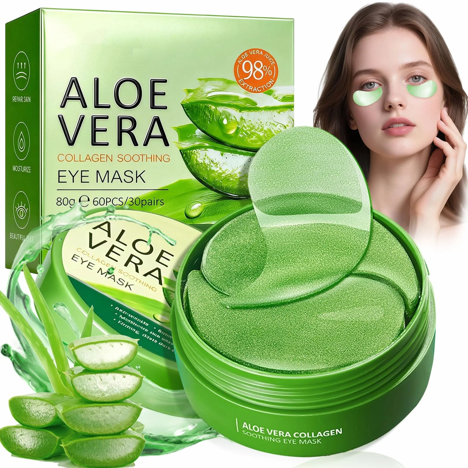 Patch Yeux Aloe Vera Acide Hyaluronique Collagène 60 Pièces Anti Cernes Poches Rides