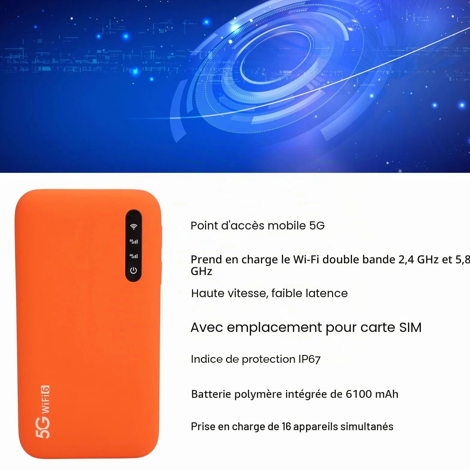 Routeur Portable Wi-FI 6 Double Bande 5G, Point D'accès Mobile Haut Débit, avec Emplacement pour Carte SIM, Compatible avec 16 Appareils et Batterie 6100 MAh