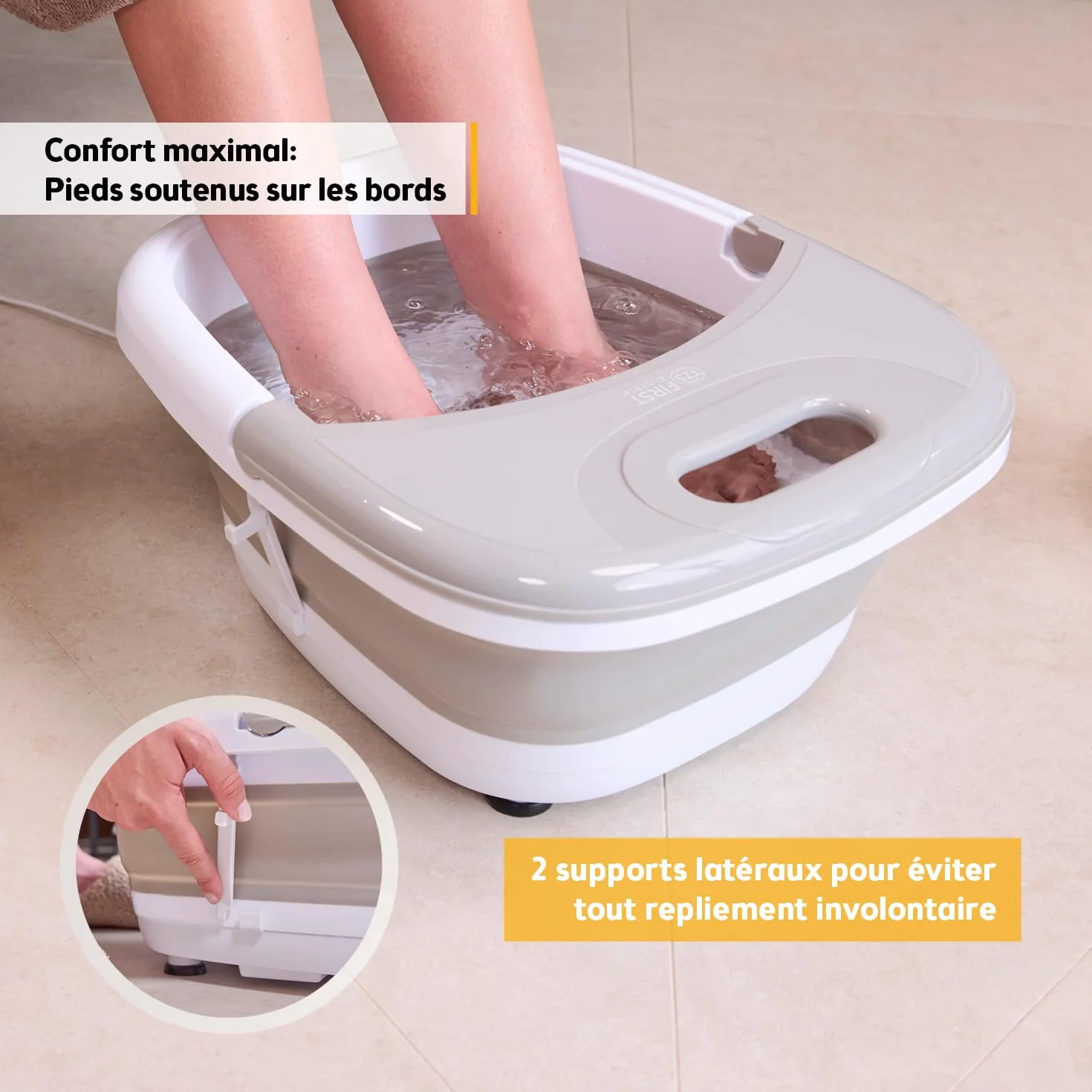 TZS First Austria Bain de Pieds 500W - Appareil de Massage des Pieds avec 3 Accessoires & 8 Rouleaux - Massage par Vibrations & Bulles, Infrarouge & Chauffante - Pliable jusqu'au 47 - Gris