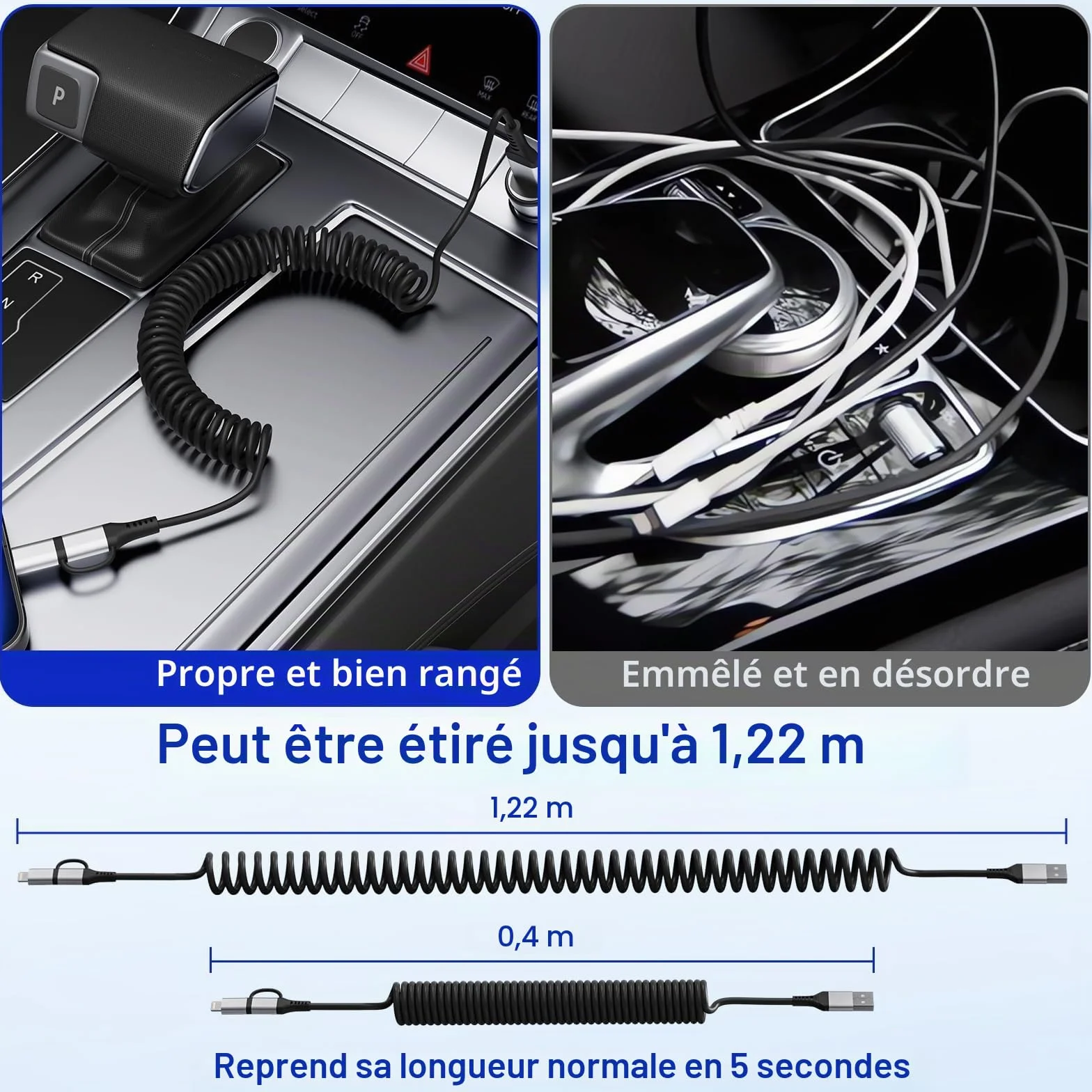 Câble Spirale Voiture 2 en 1 pour Apple CarPlay et Android Auto, Charge Rapide 3A MFi avec USB C et Lightning pour iPhone 16/15/14/13/12/11/Huawei/Galaxy/Google Pixel