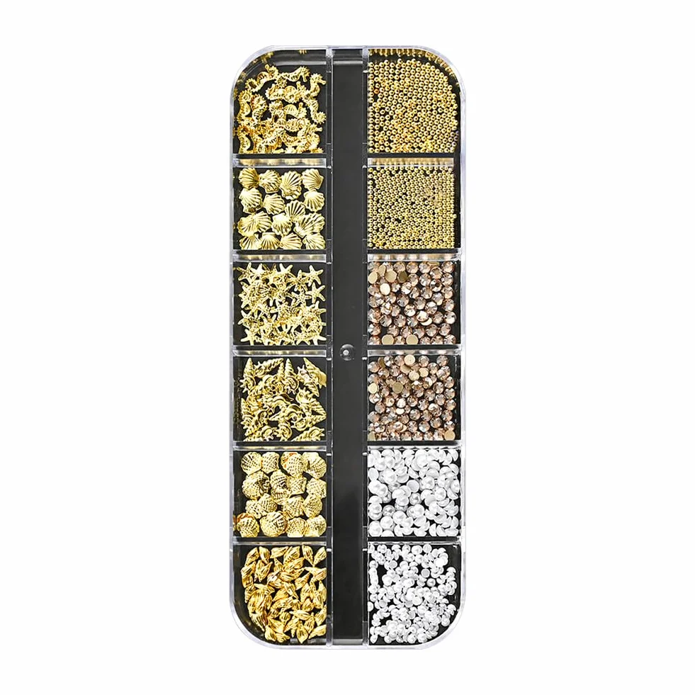 Breloques à ongles 3D océan strass perles étoile de mer coquillage nail art boîte rangement