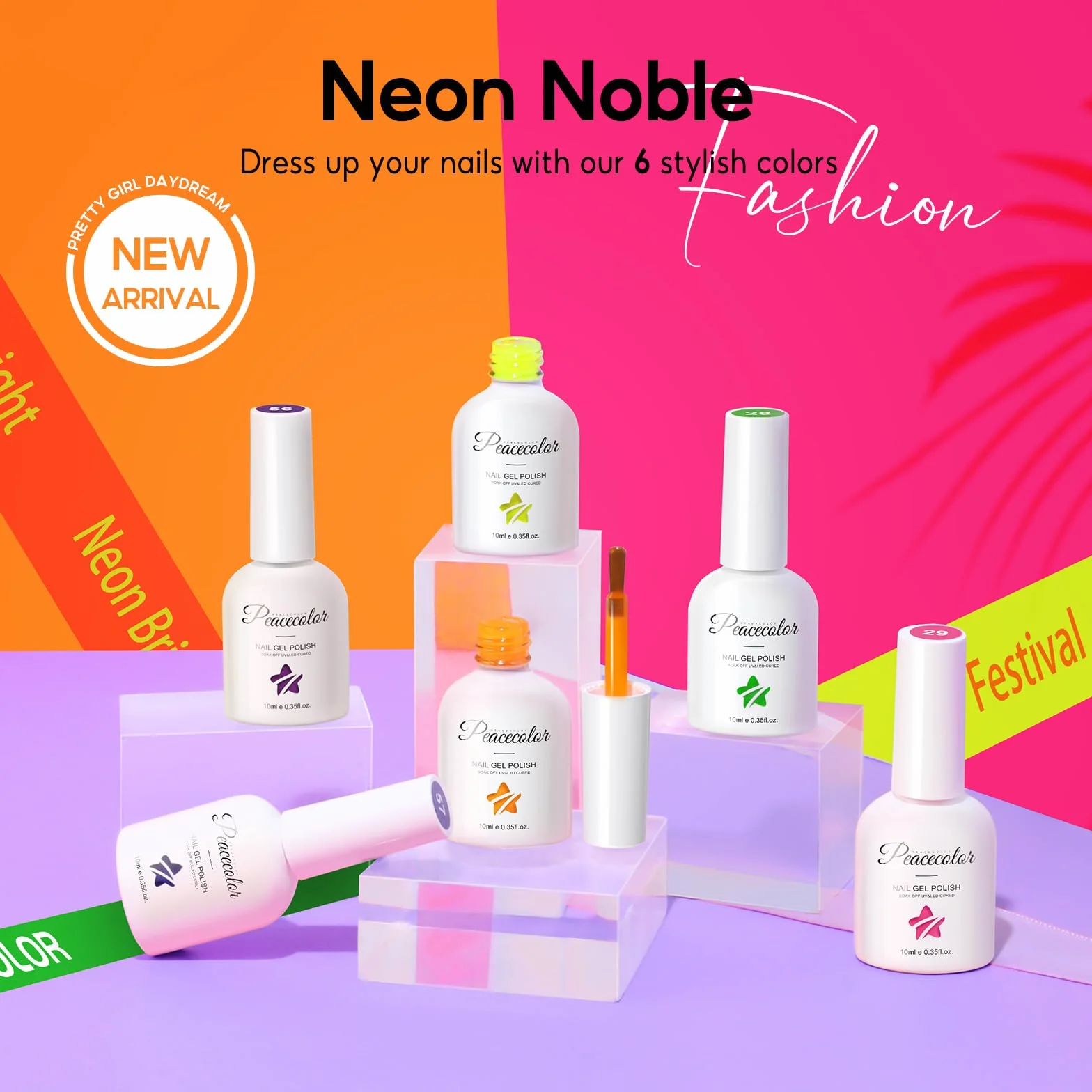 PEACECOLOR Vernis Semi Permanent Néon 10ML 6 Couleurs Rose Orange Jaune Vert Bleu Pourpre Gel UV Soak Off Nail Art Manucure